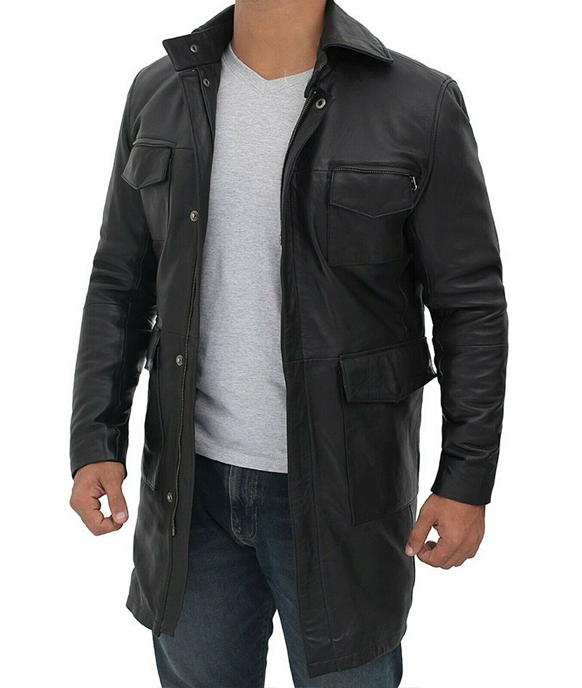 Men's Three Quarter Black Leather Coat