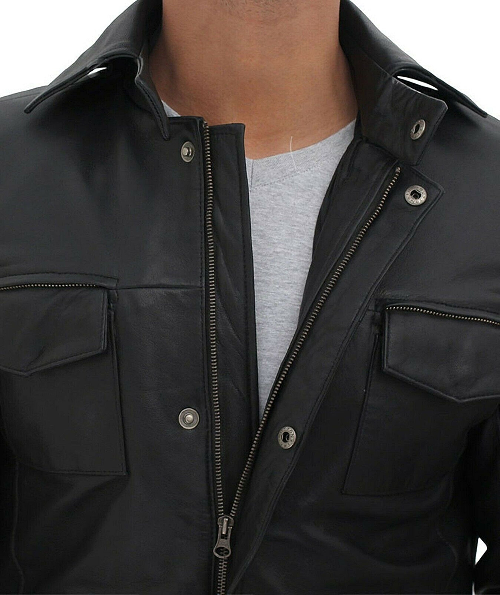 Men's Three Quarter Black Leather Coat