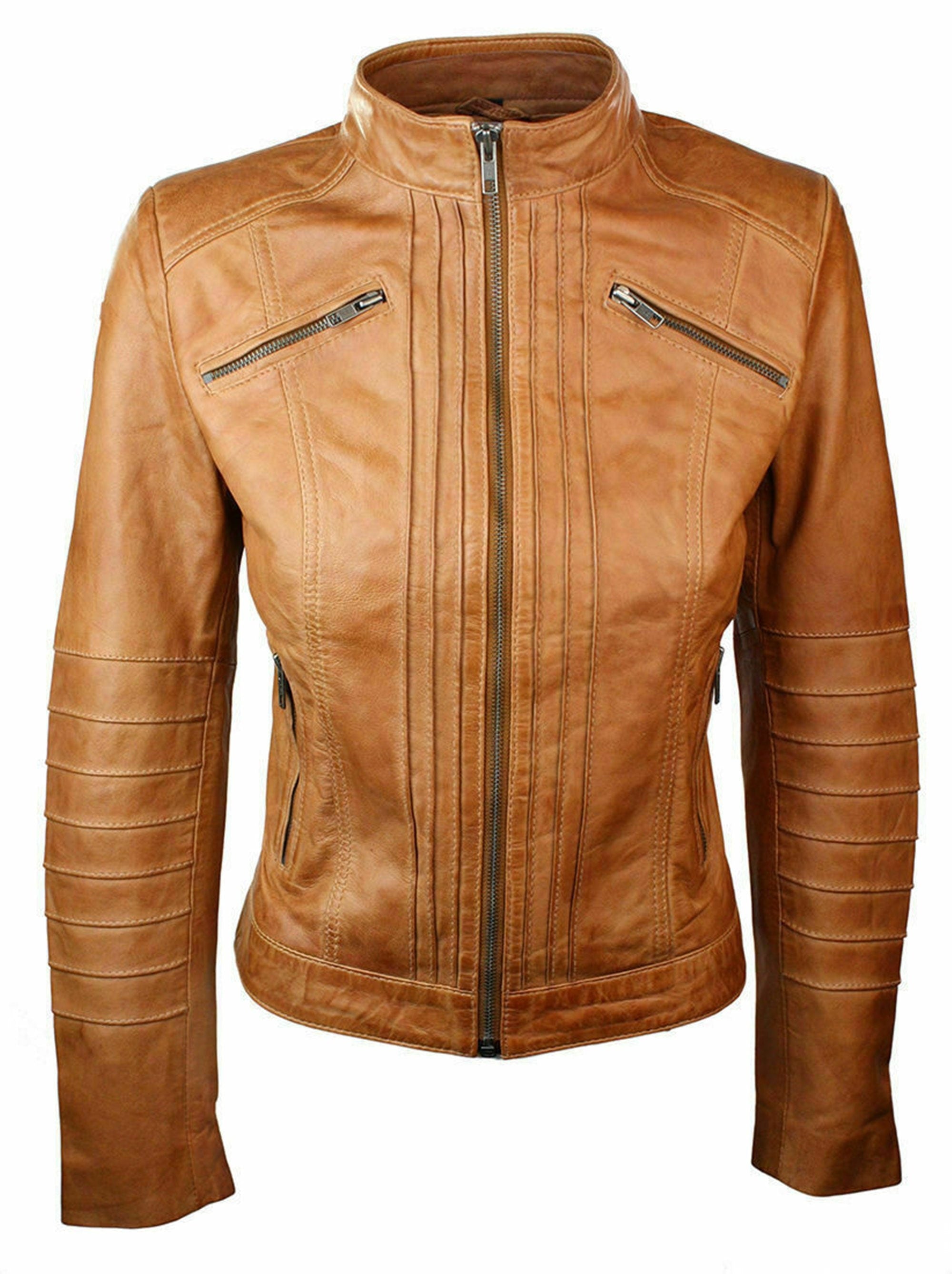 Women Biker Jacket Tan Motorcycle  Leather Jacket