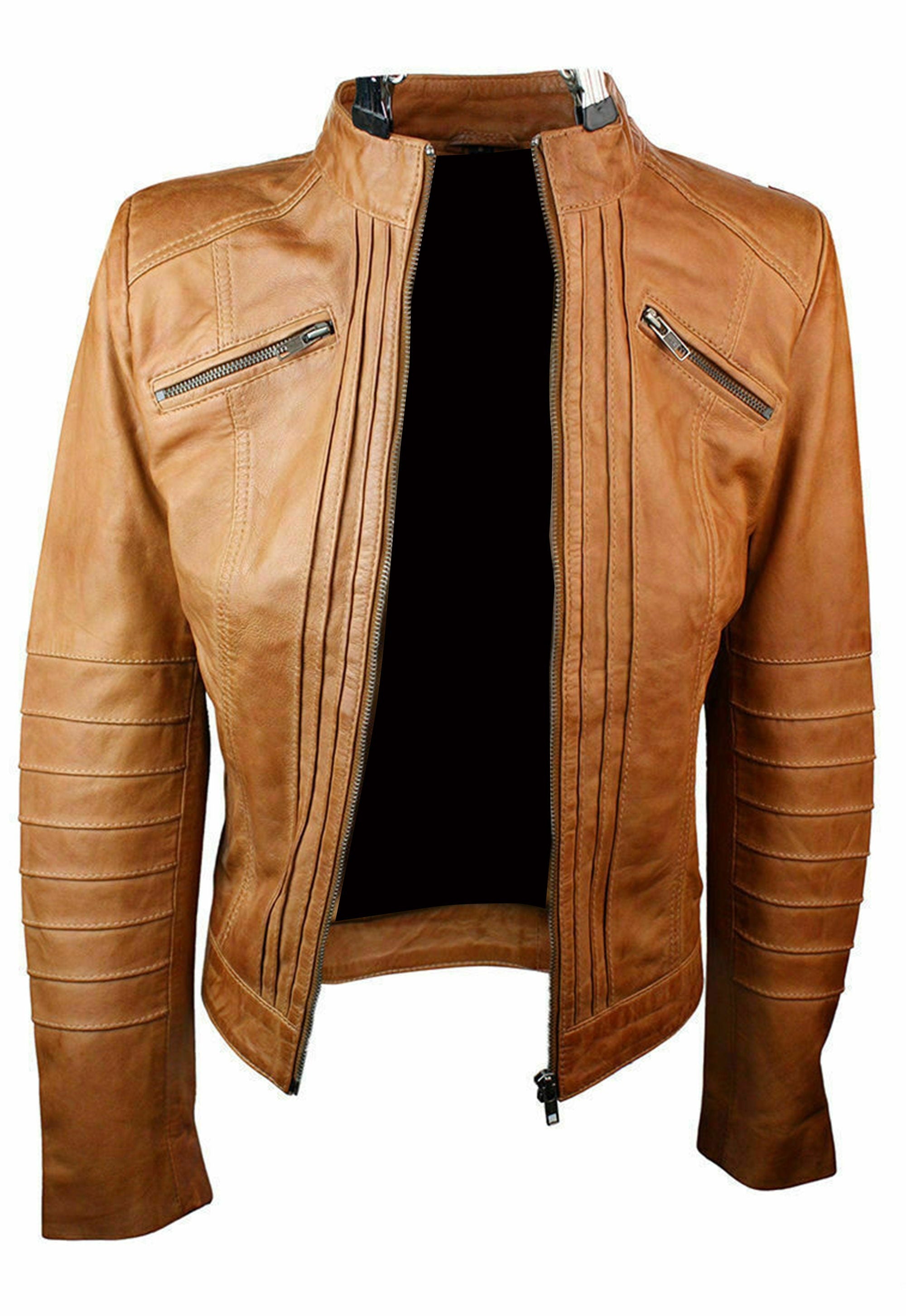 Women Biker Jacket Tan Motorcycle  Leather Jacket