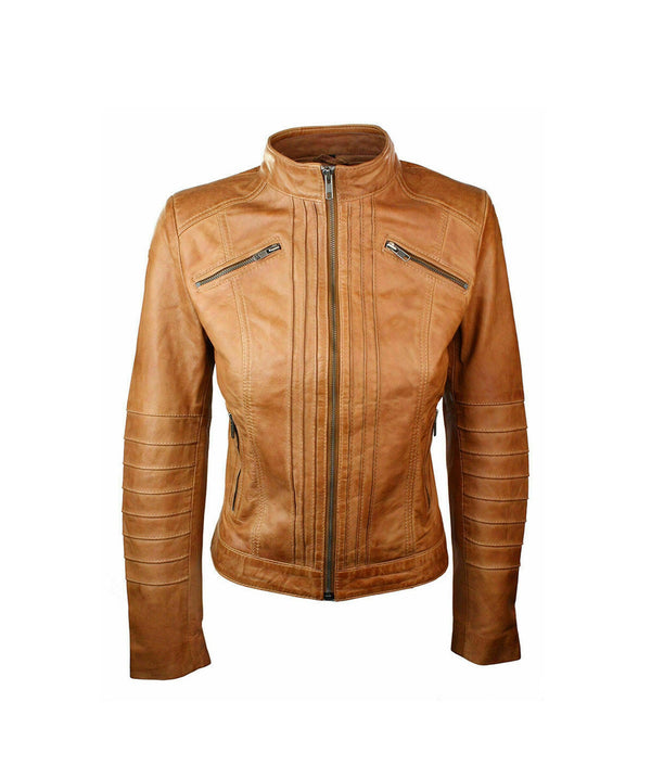 Women Biker Jacket Tan Motorcycle  Leather Jacket