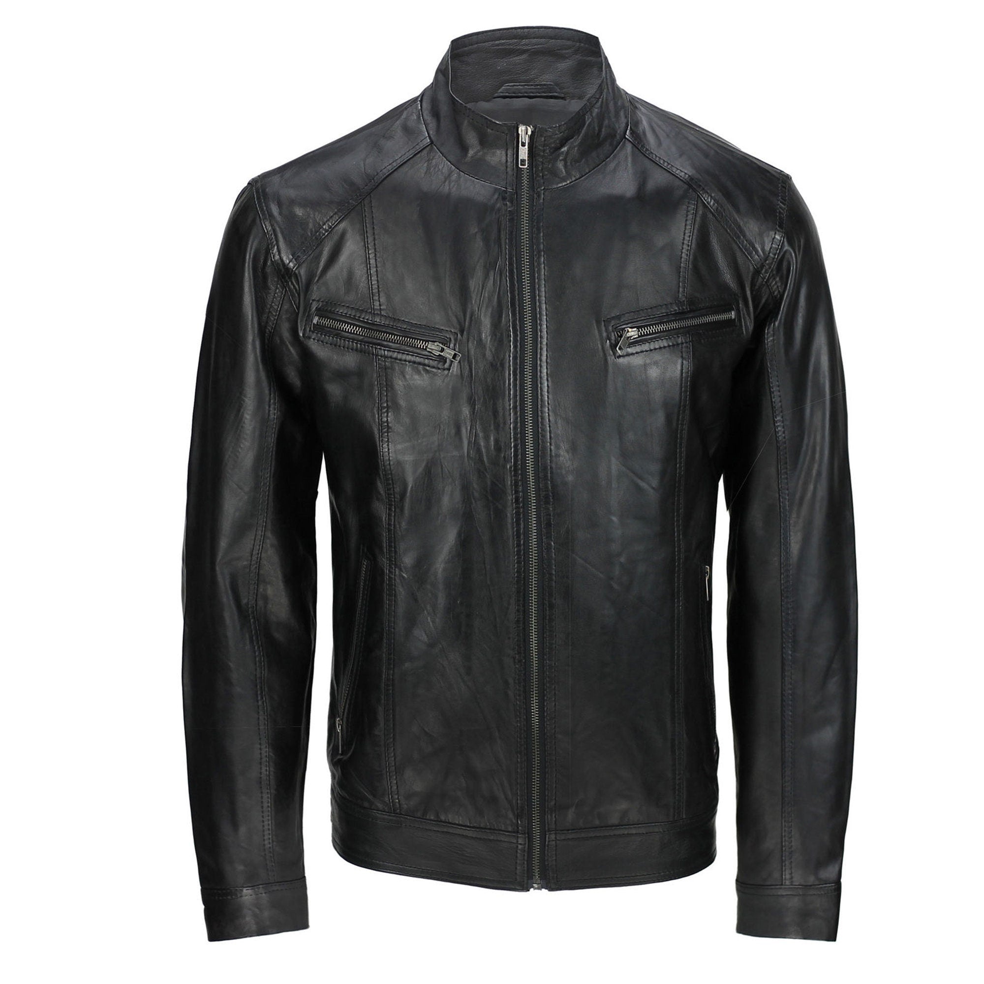 Black Biker Sheepskin Leather Jacket Handmade Black Jacket