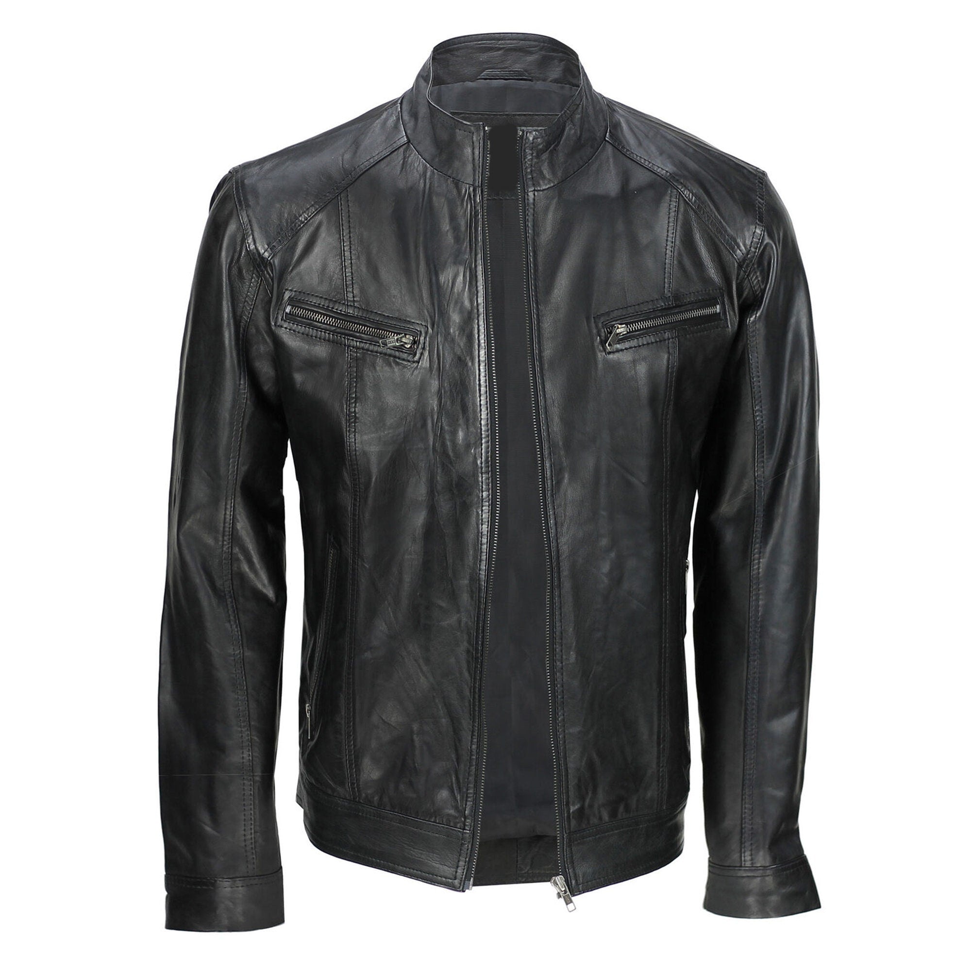 Black Biker Sheepskin Leather Jacket Handmade Black Jacket