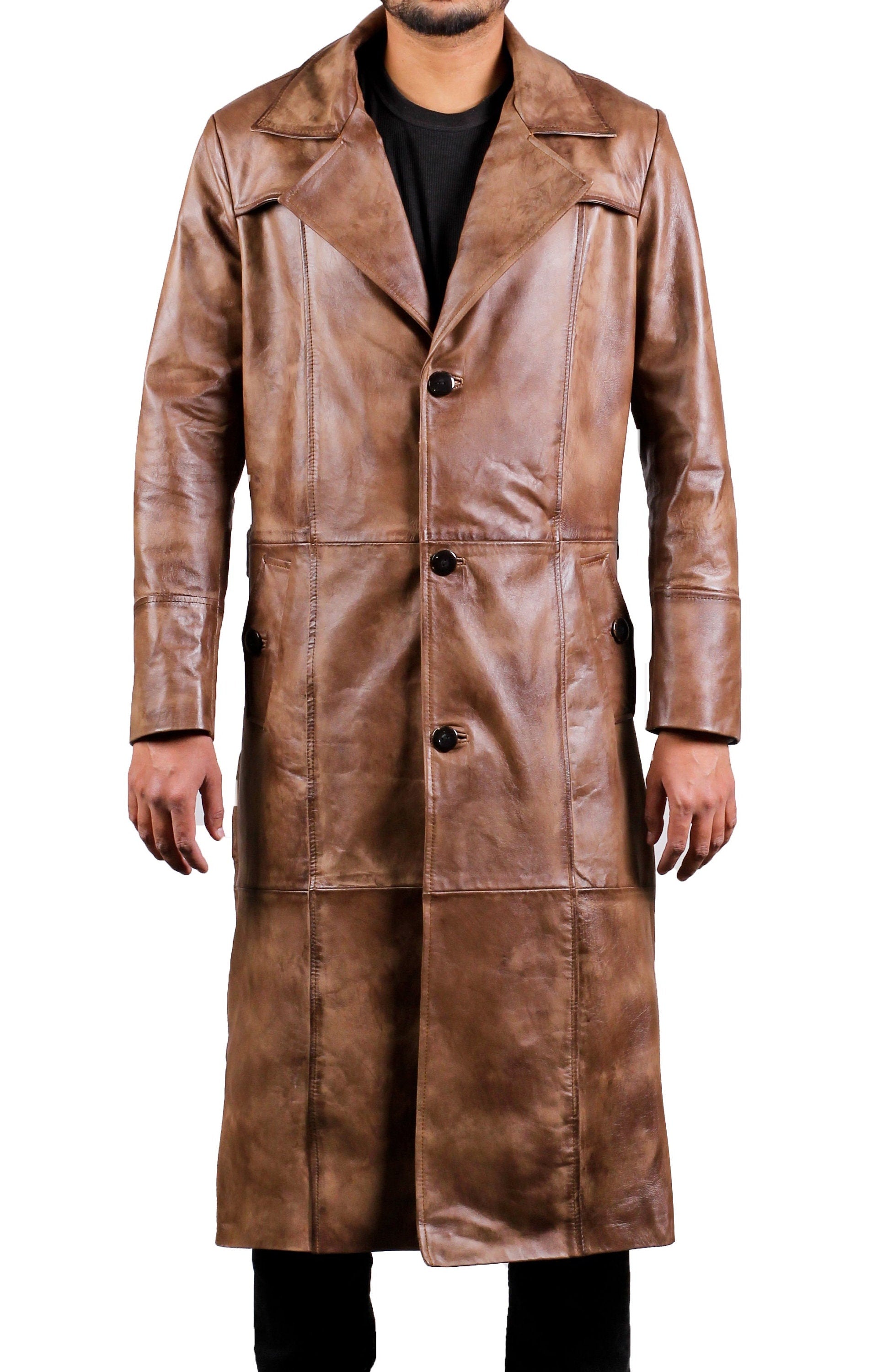 Men Leather Wax Trench Coat