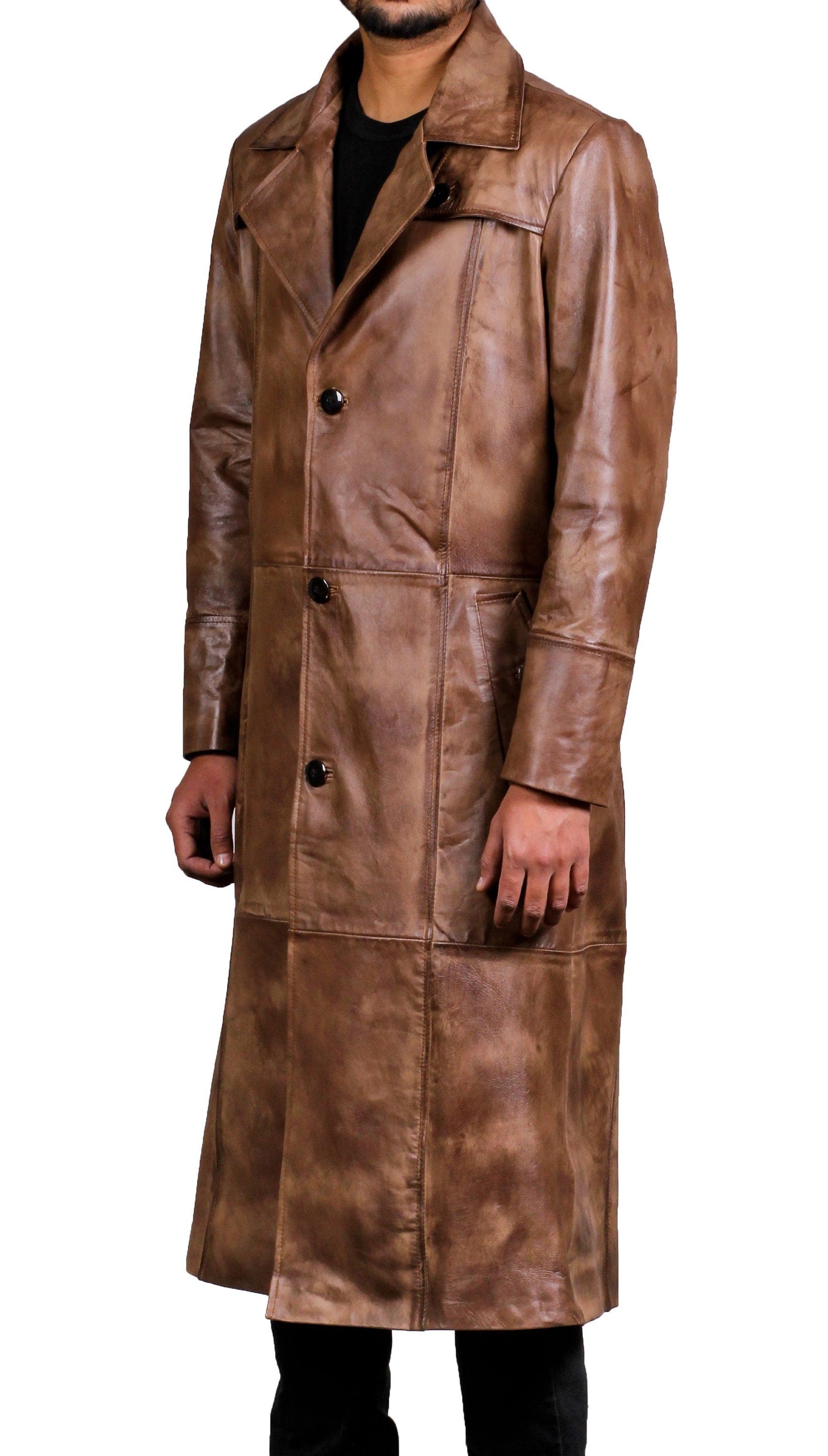 Men Leather Wax Trench Coat