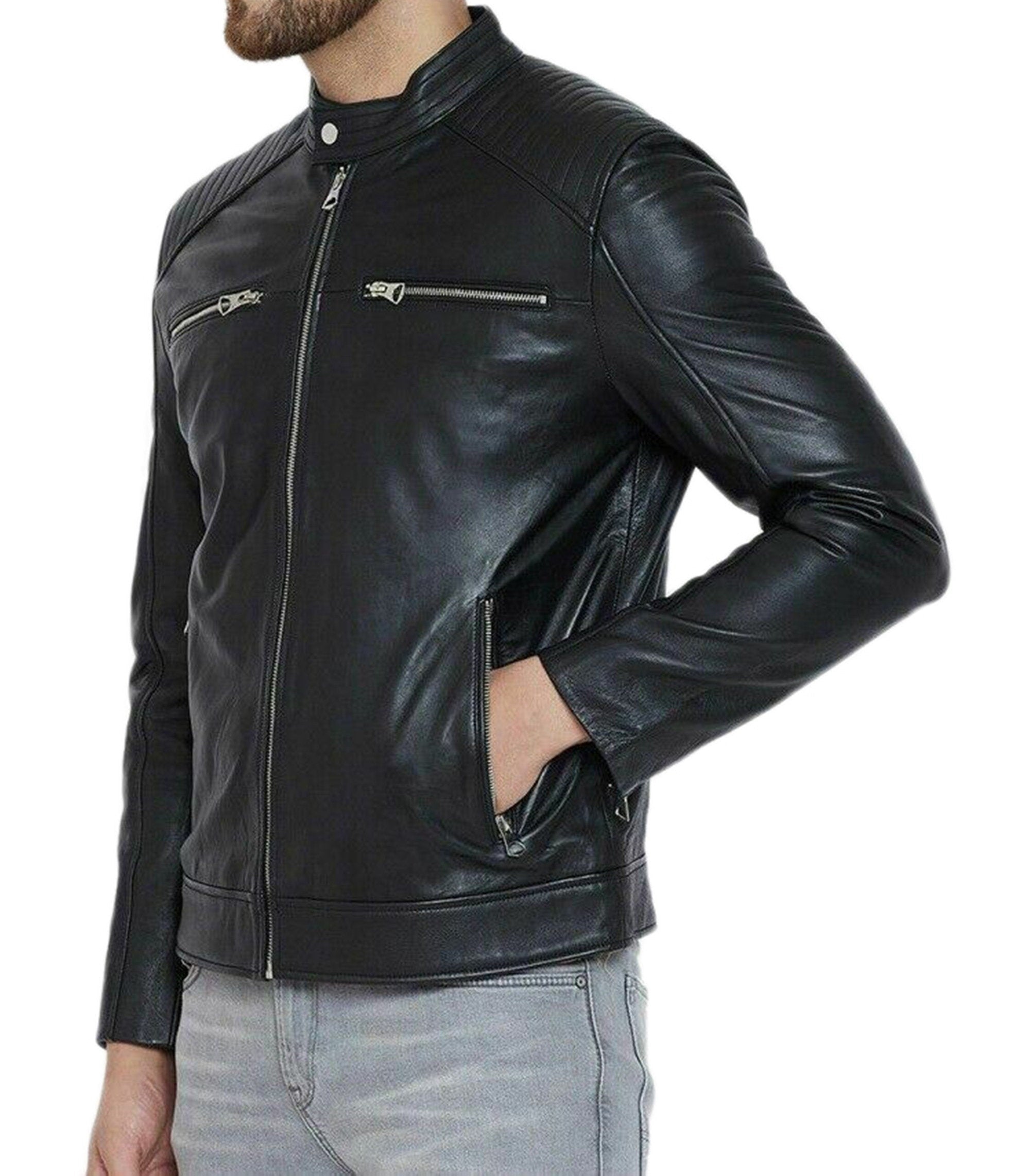 Hand Made Real Leather Top Stand Collar Jacket