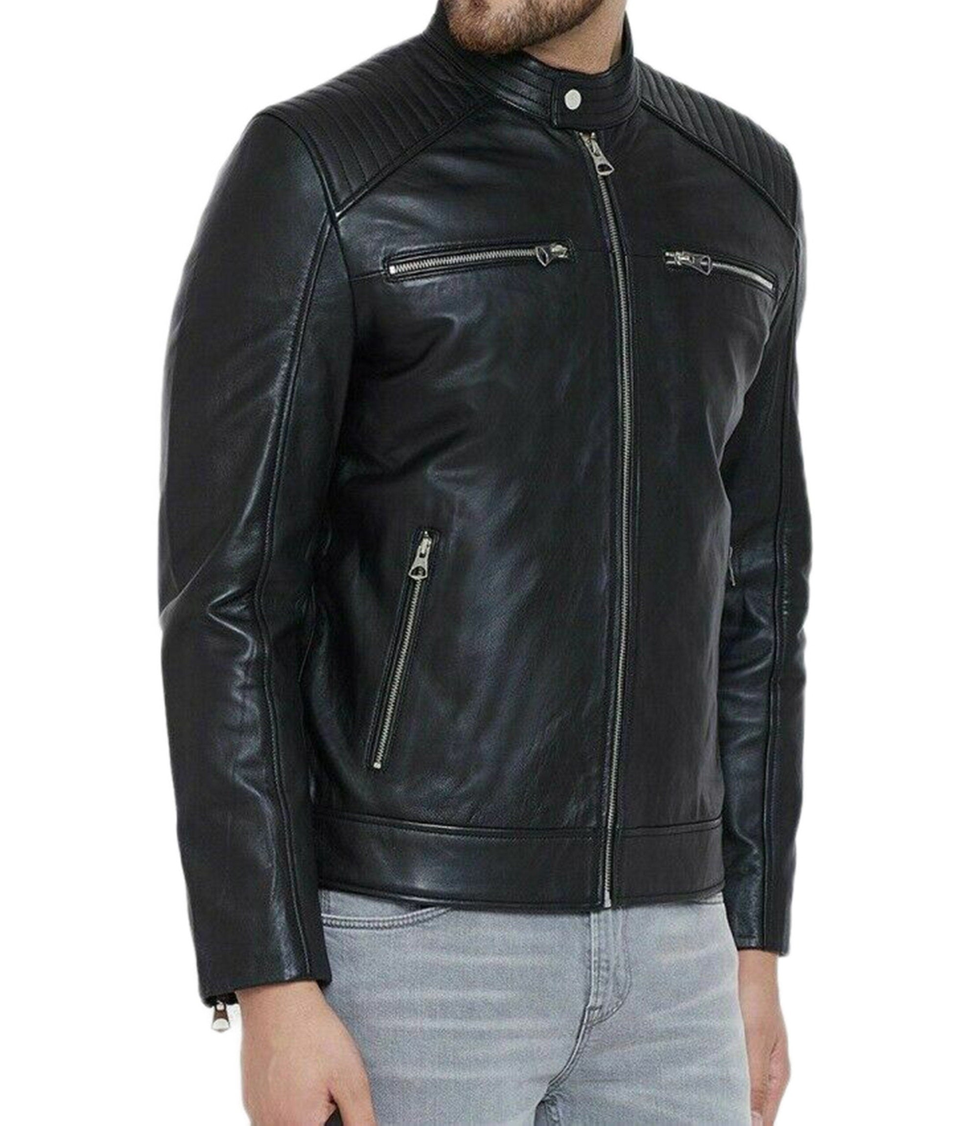 Hand Made Real Leather Top Stand Collar Jacket