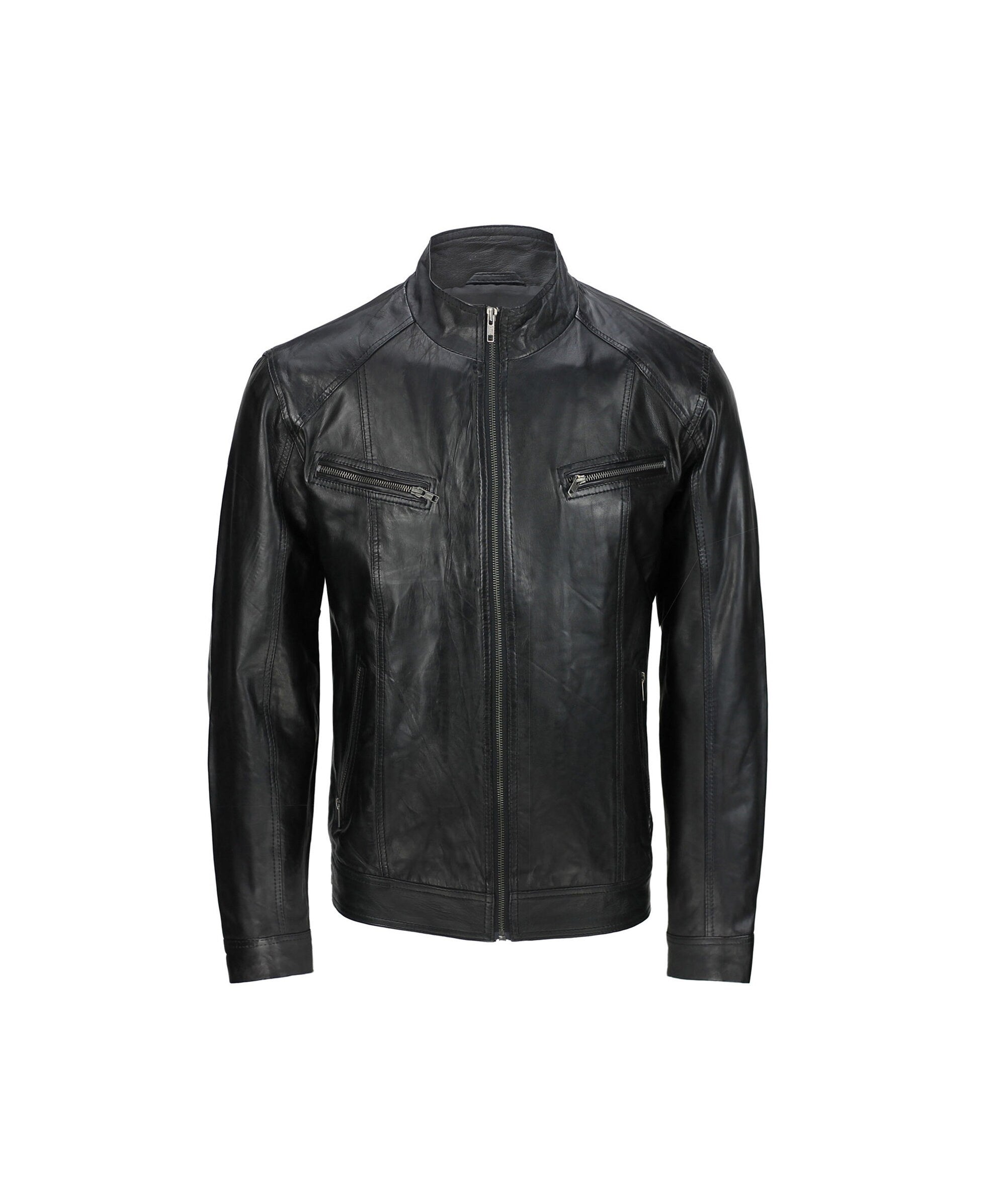 Black Biker Sheepskin Leather Jacket Handmade Black Jacket