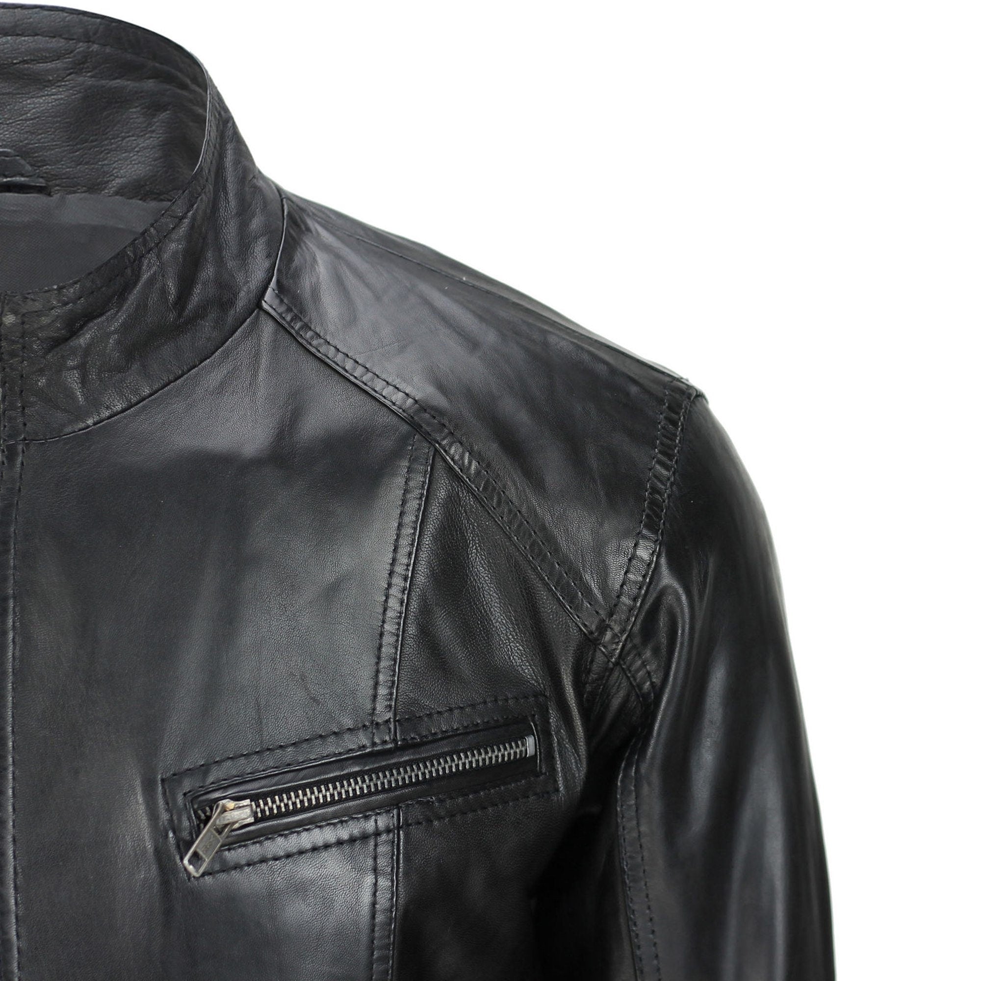 Black Biker Sheepskin Leather Jacket Handmade Black Jacket