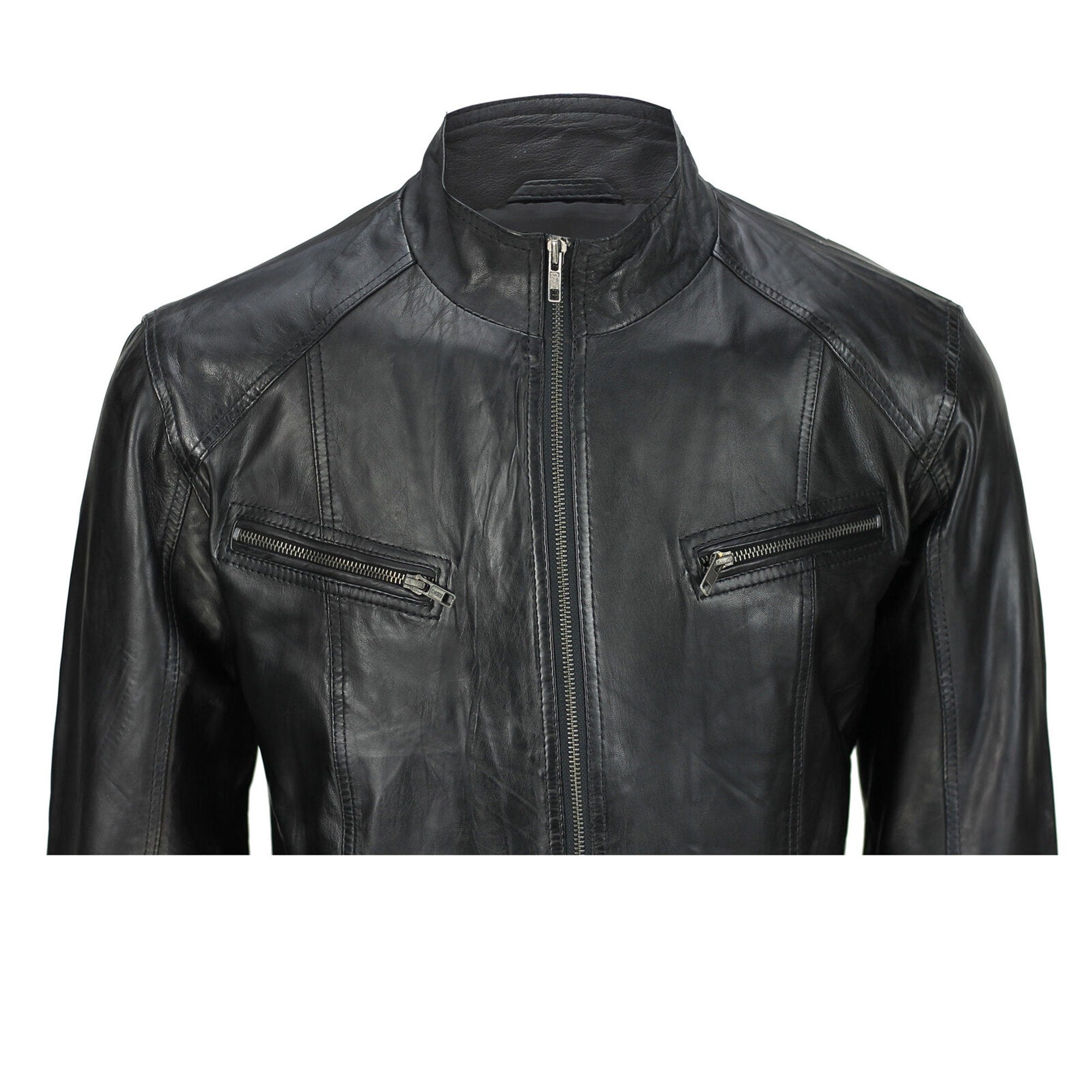 Black Biker Sheepskin Leather Jacket Handmade Black Jacket