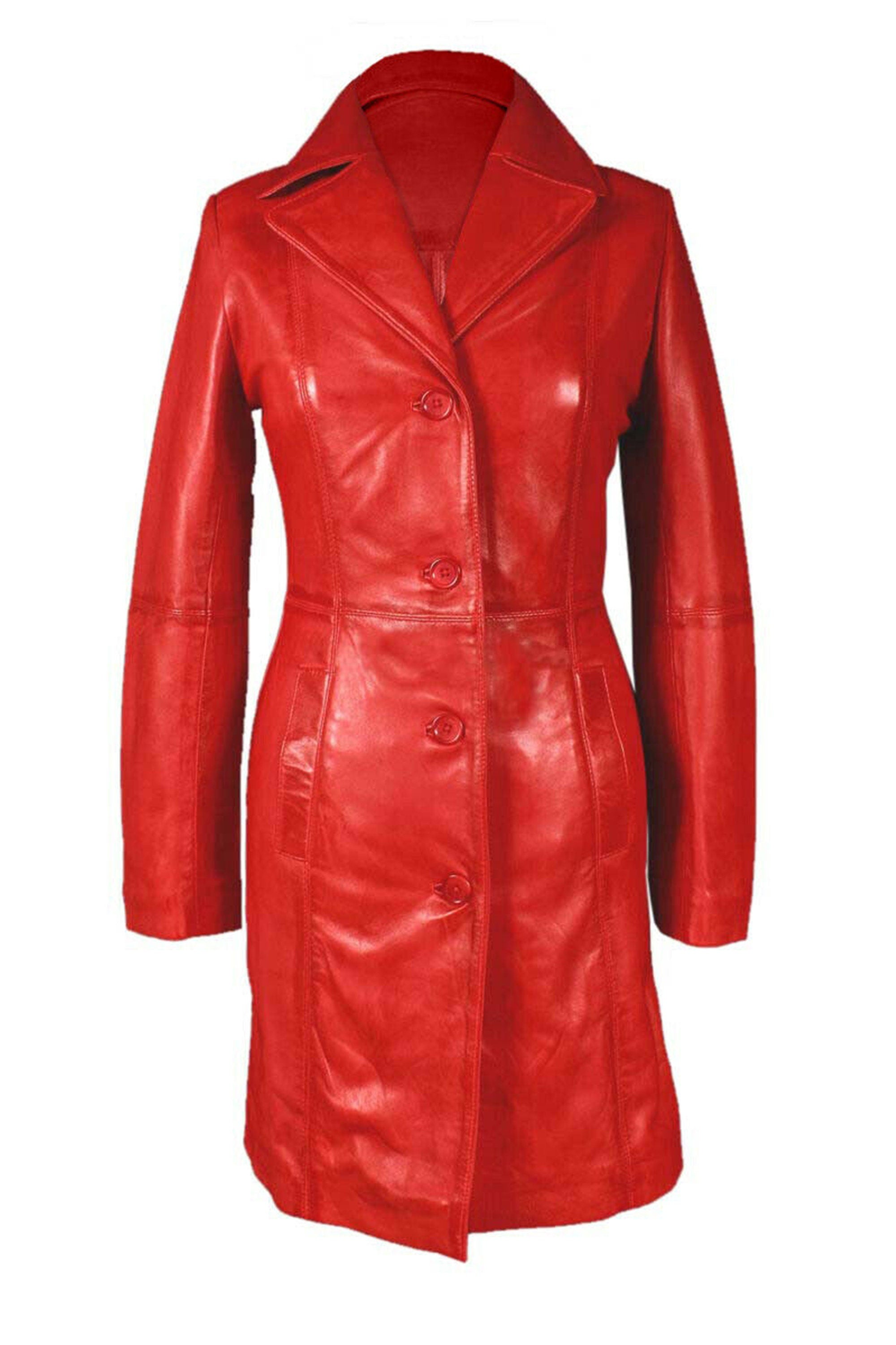 Womens Red Leather Trench Coat