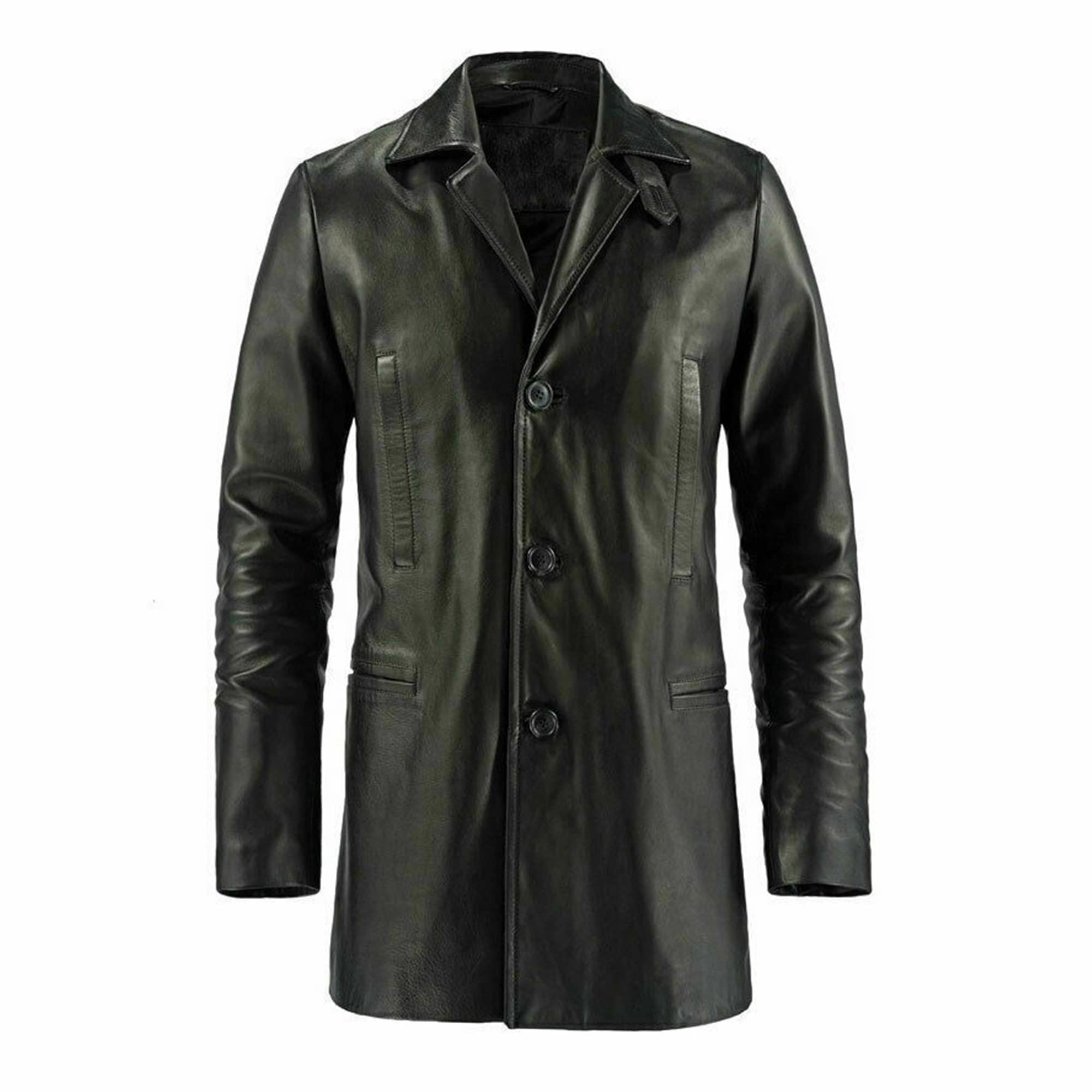 Mens Black Leather Pea Coat For Men