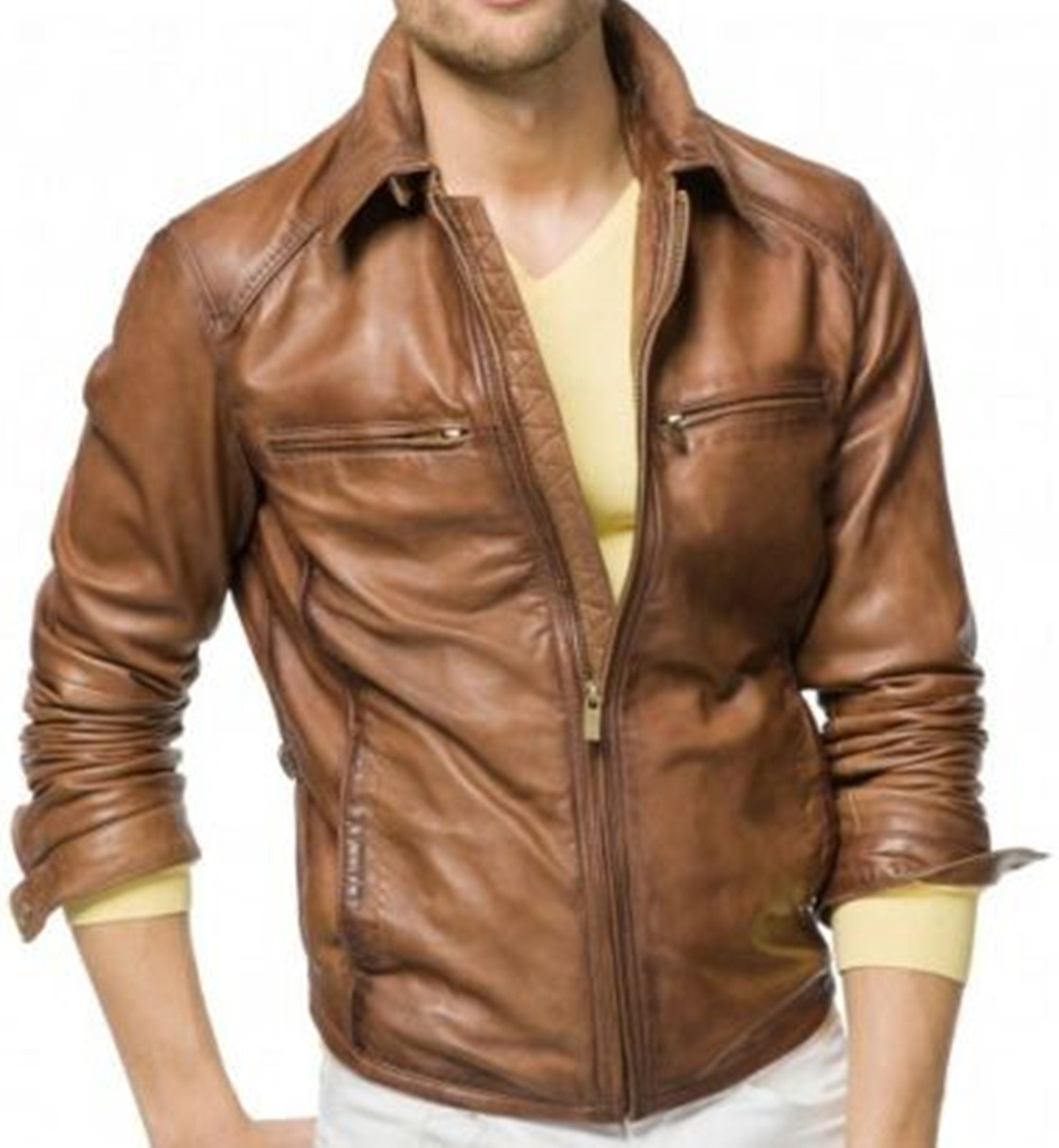 Men Real Tan Wax Leather Jacket
