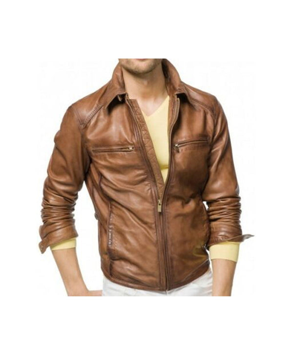 Men Real Tan Wax Leather Jacket