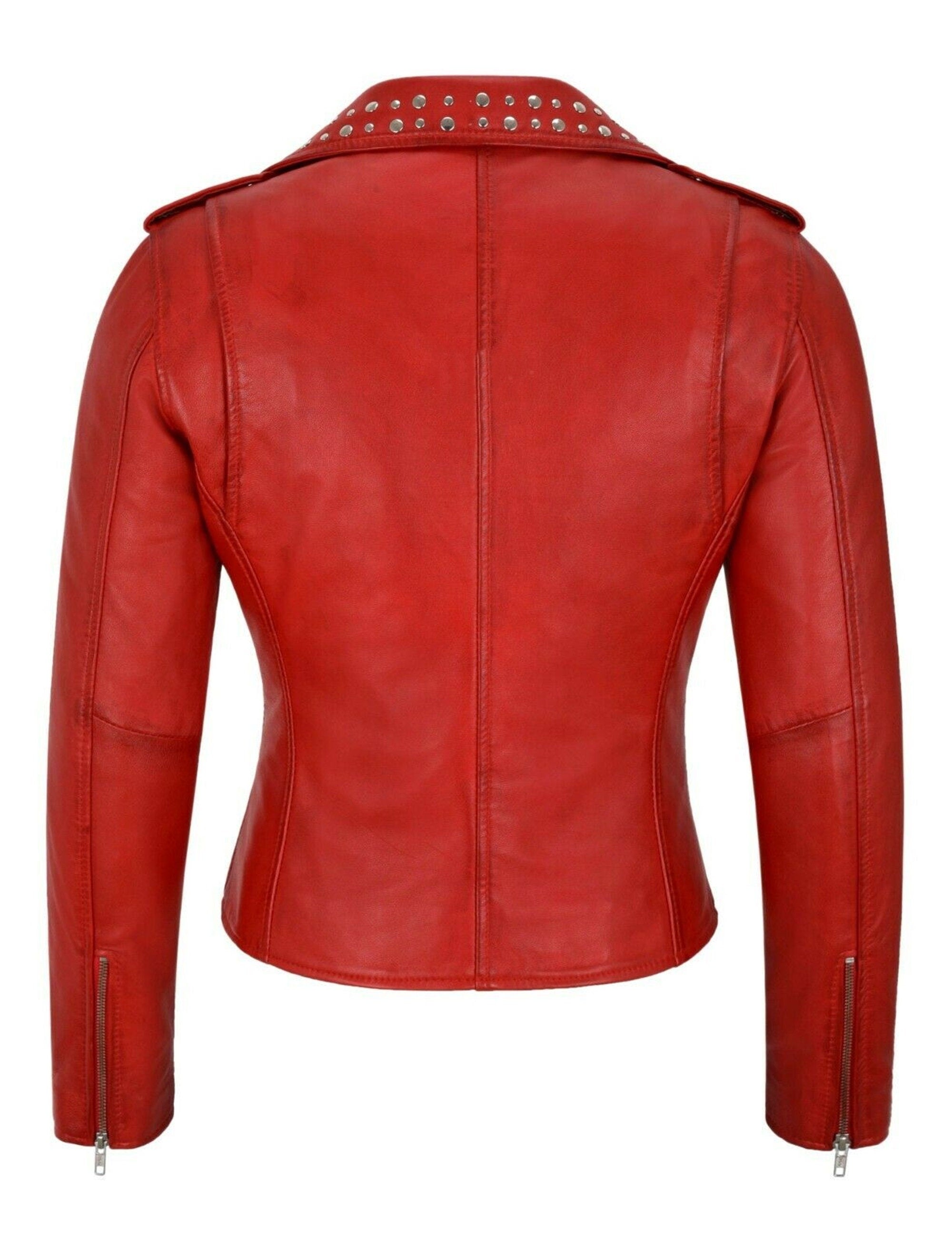 Women Red Rivet Studded Leather Biker Jacket