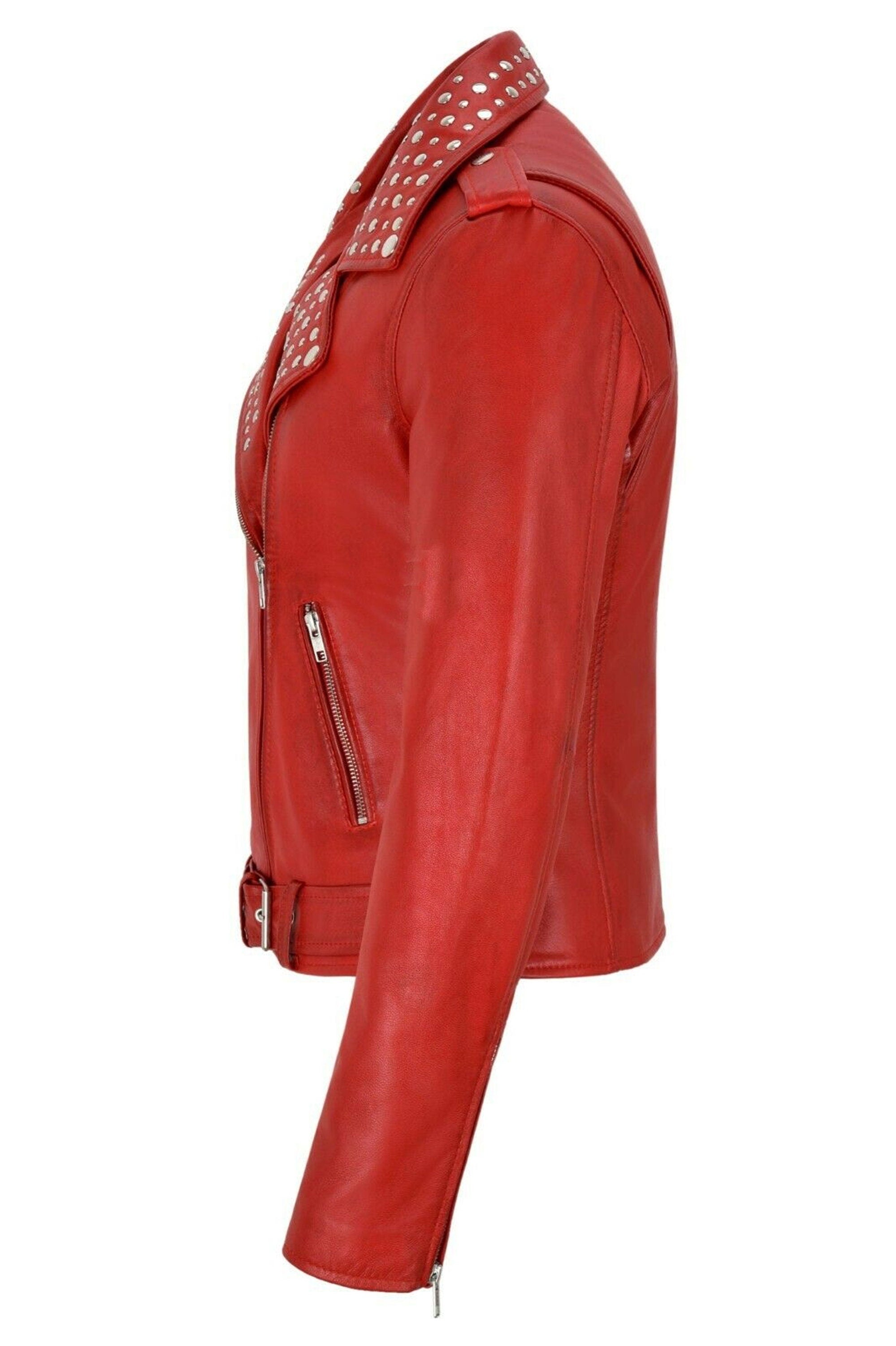 Women Red Rivet Studded Leather Biker Jacket