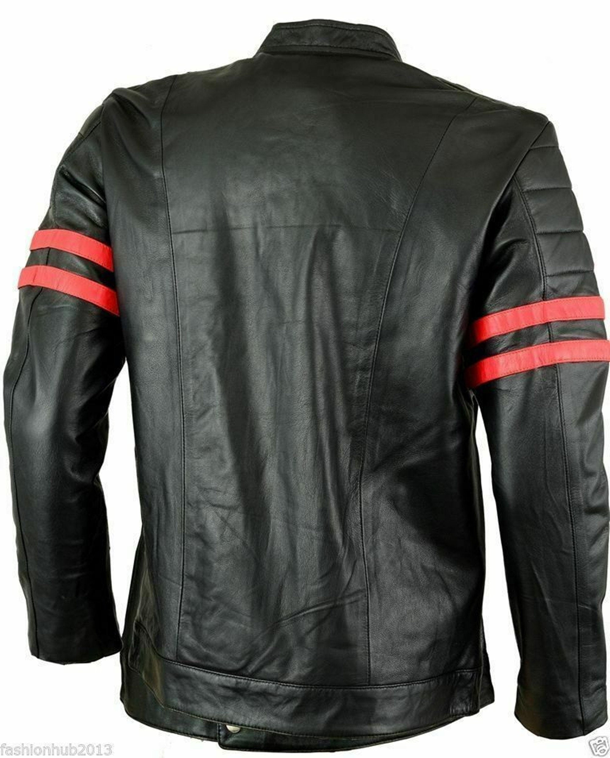 Men Red And Black Stripes Leather Jacket
