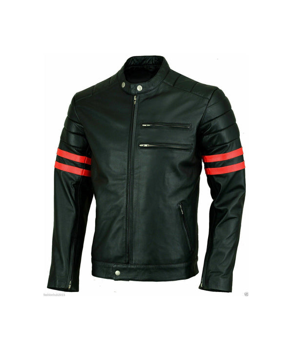 Men Red And Black Stripes Leather Jacket