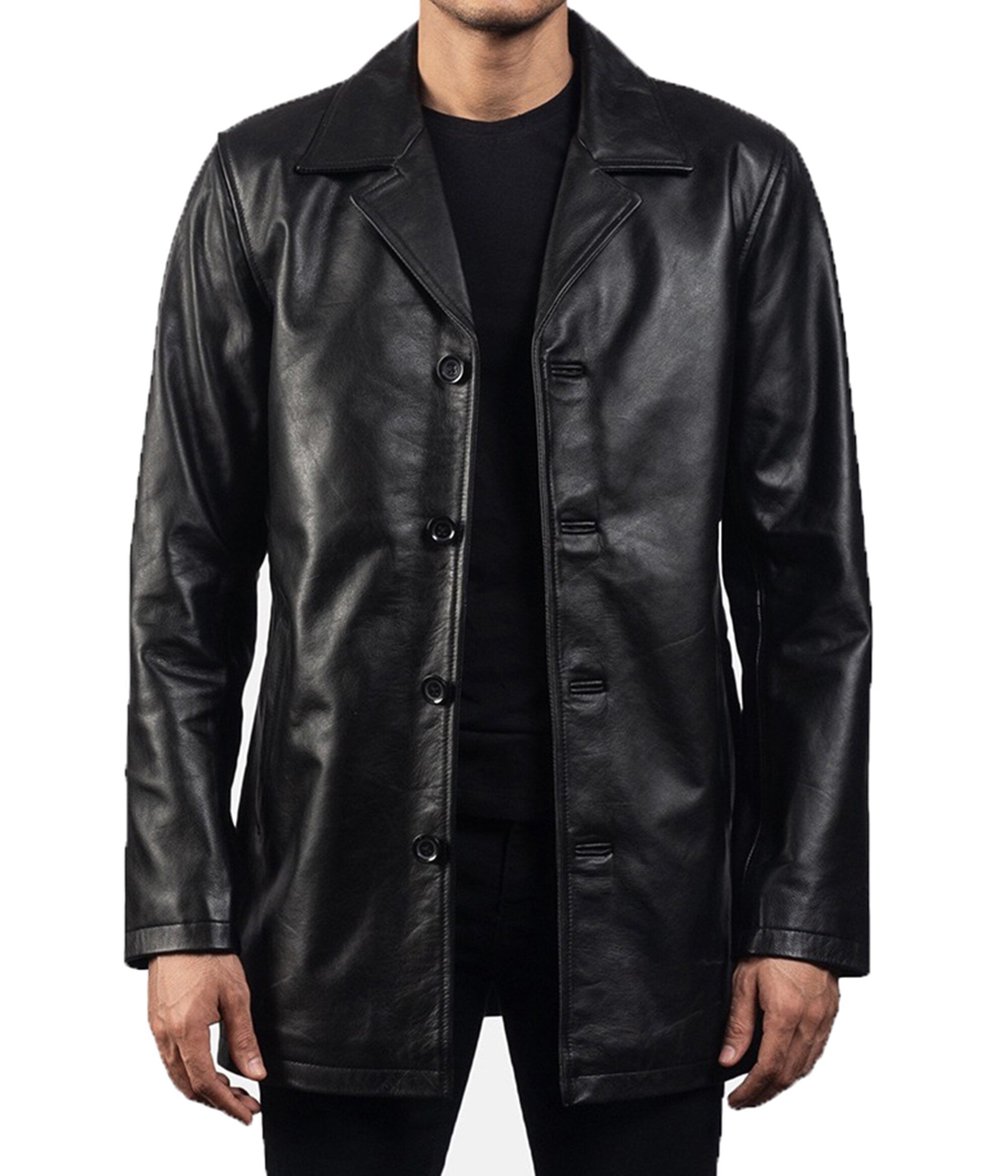 Leather Trench Coat Vintage Leather Coat Black Leather Coat Knee Length Coat Handmade Black Knee Length Coat