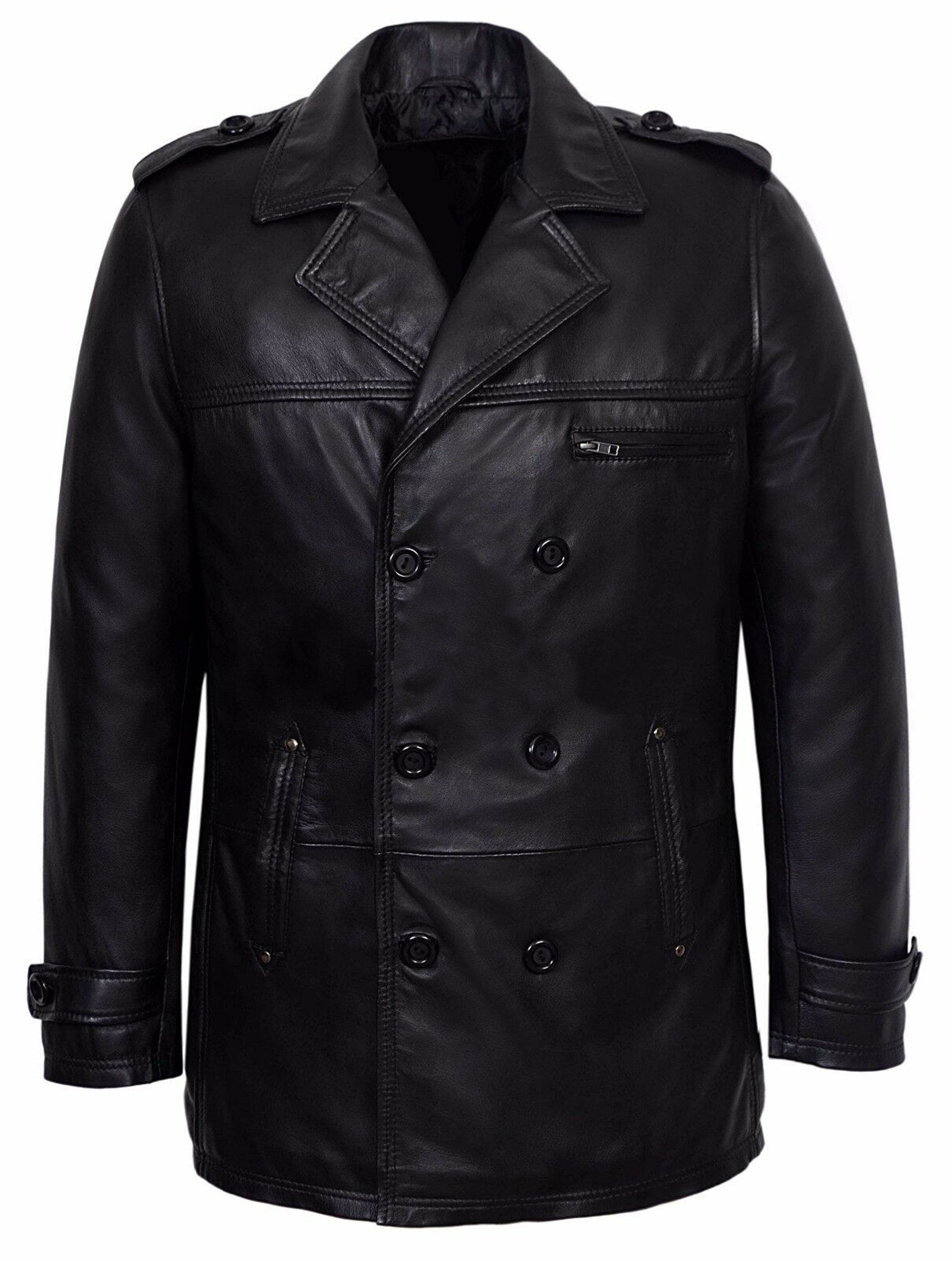 Leather Double Breasted Coat Vintage Leather Coat Black Leather Coat Hip Length Coat Handmade Black Knee Length Coat