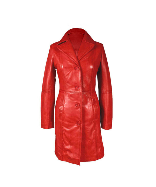 Womens Red Leather Trench Coat
