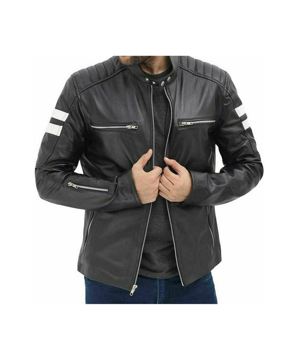 Mens White And Black Stripes Leather Jacket
