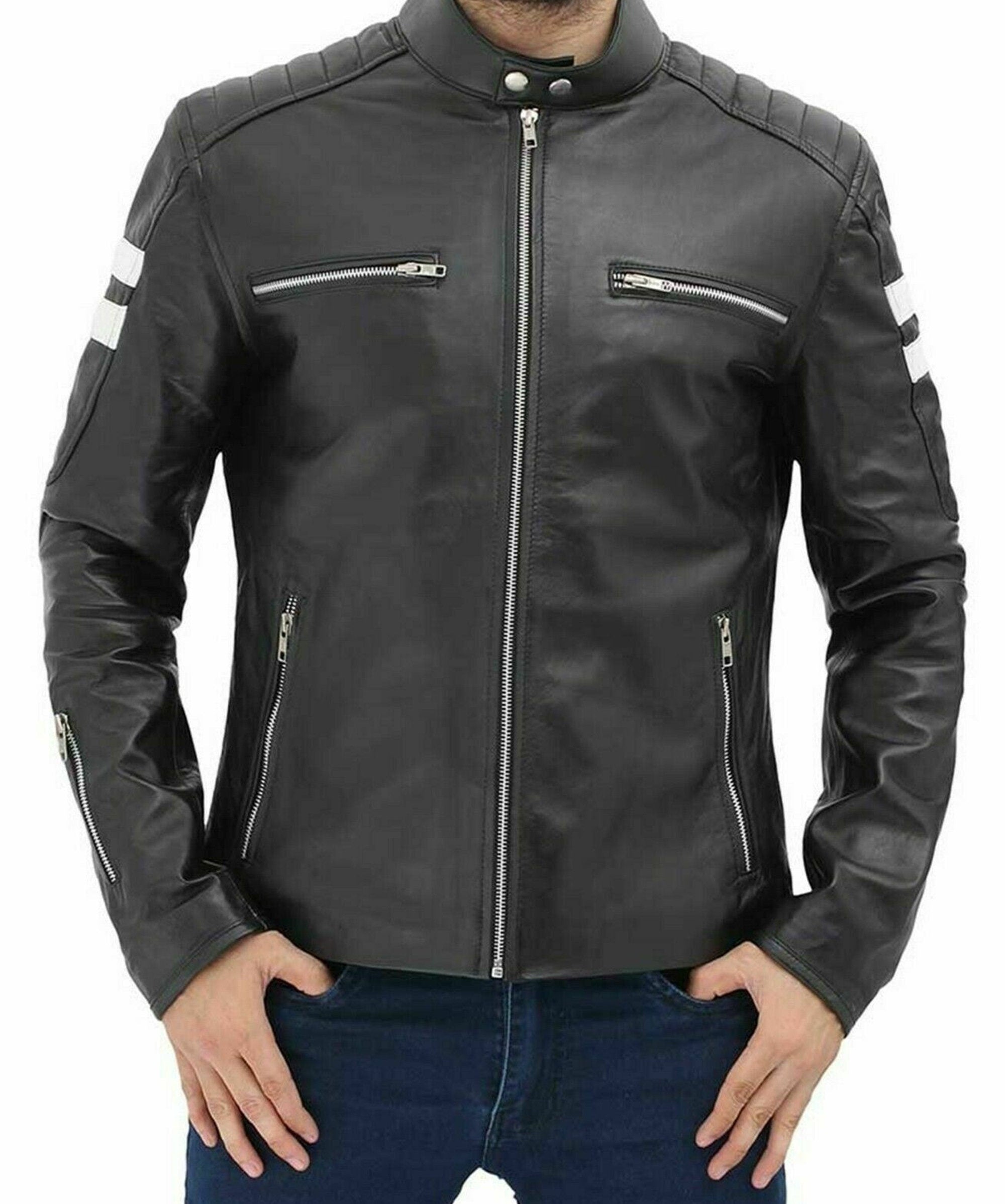 Mens White And Black Stripes Leather Jacket