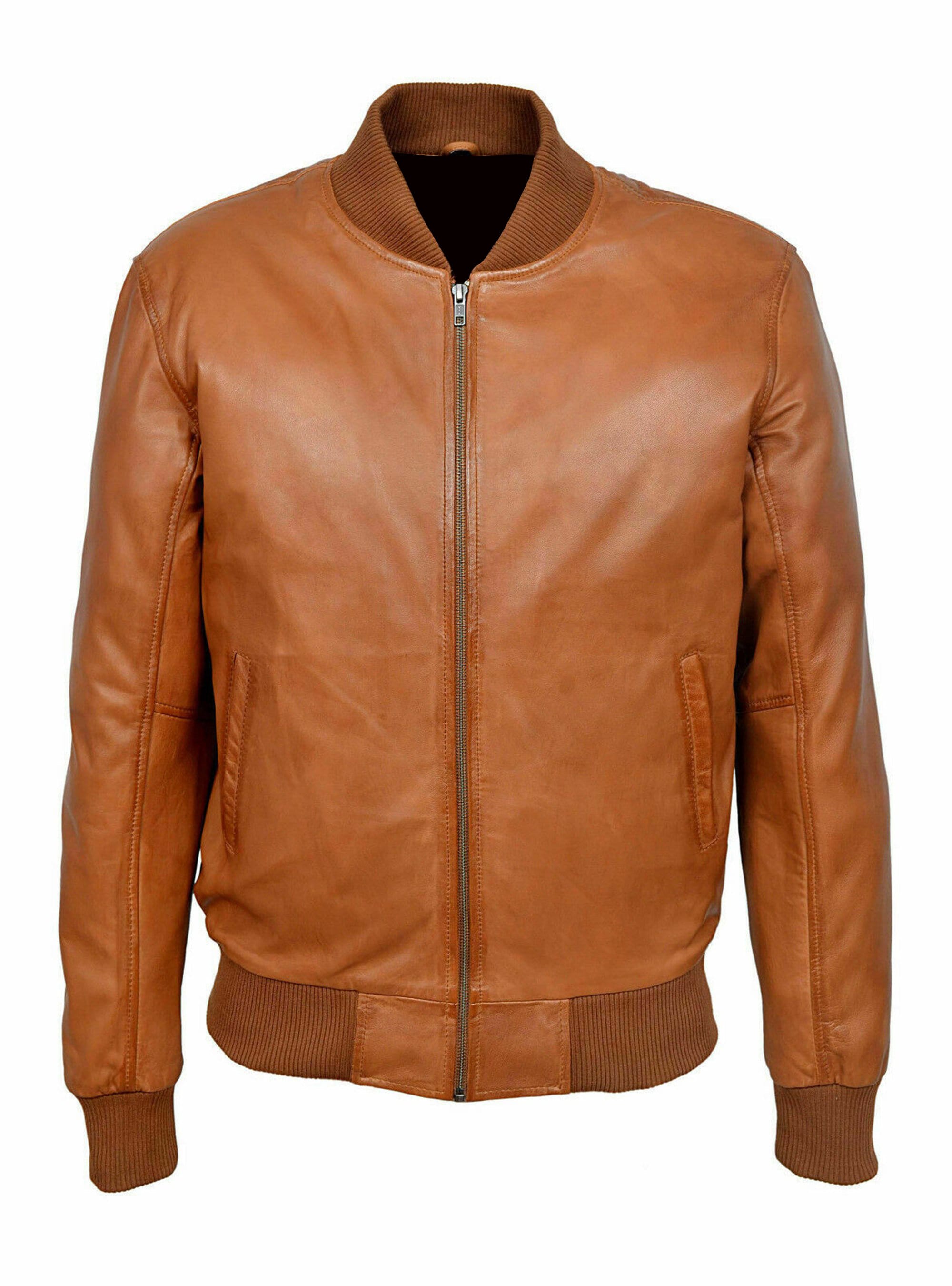 Men's Tan Wax Leather Jacket Bomber Jacket