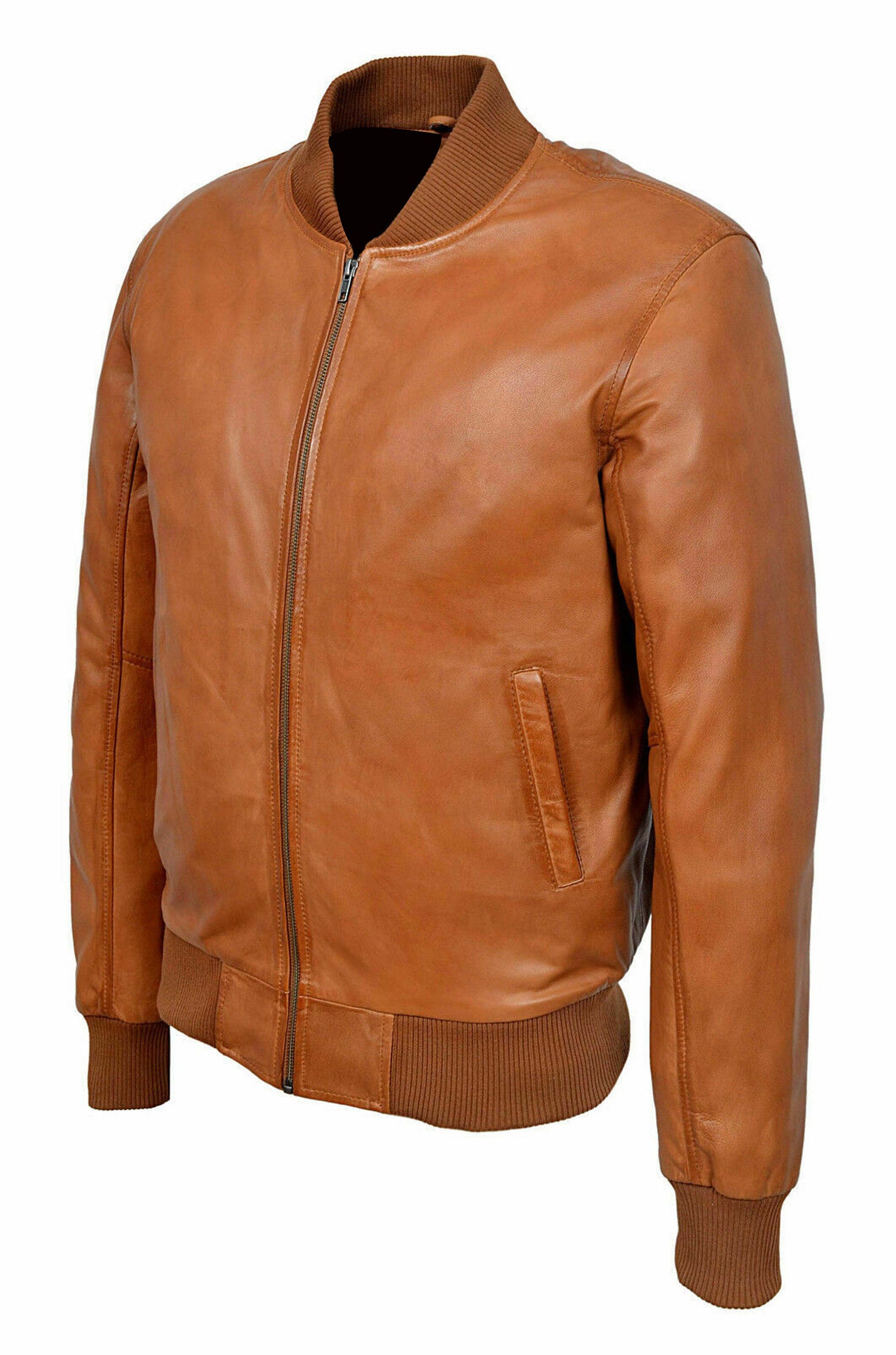 Men's Tan Wax Leather Jacket Bomber Jacket