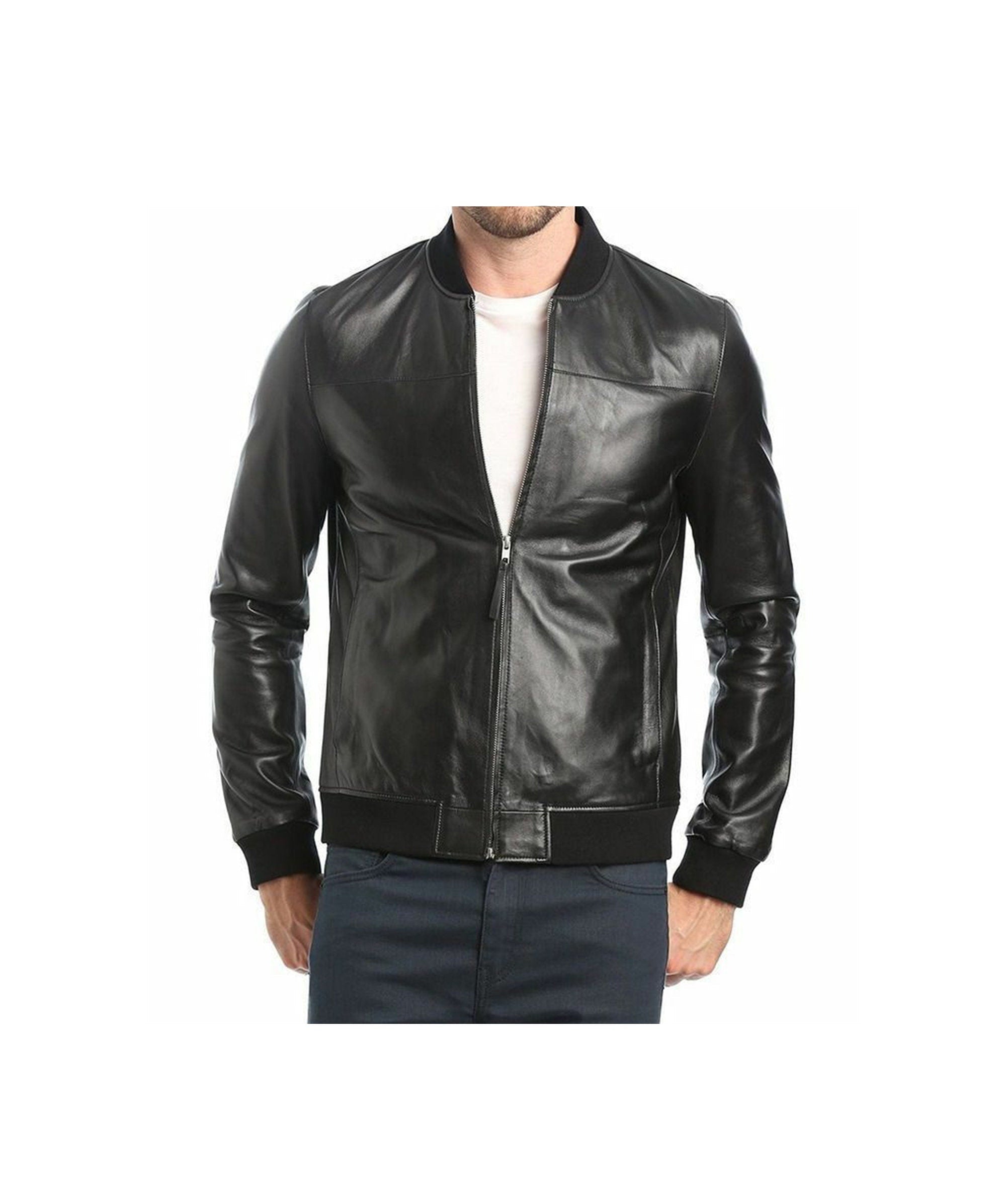 Mens Black Black Biker Sheepskin Leather Jacket