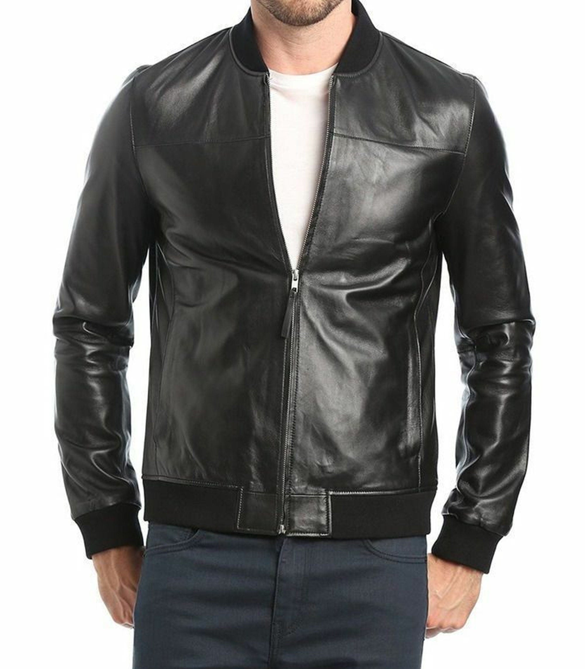 Mens Black Black Biker Sheepskin Leather Jacket