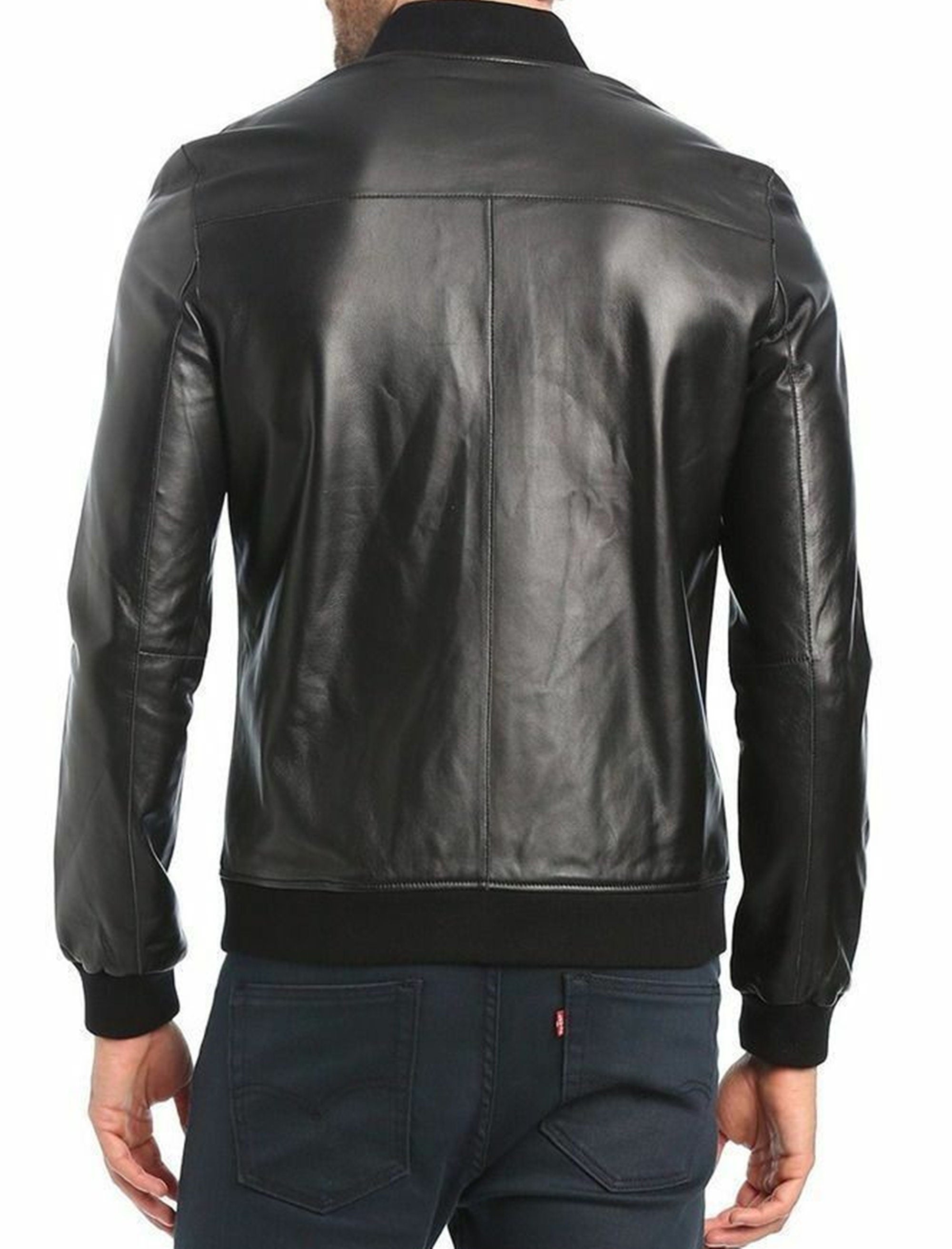 Mens Black Black Biker Sheepskin Leather Jacket