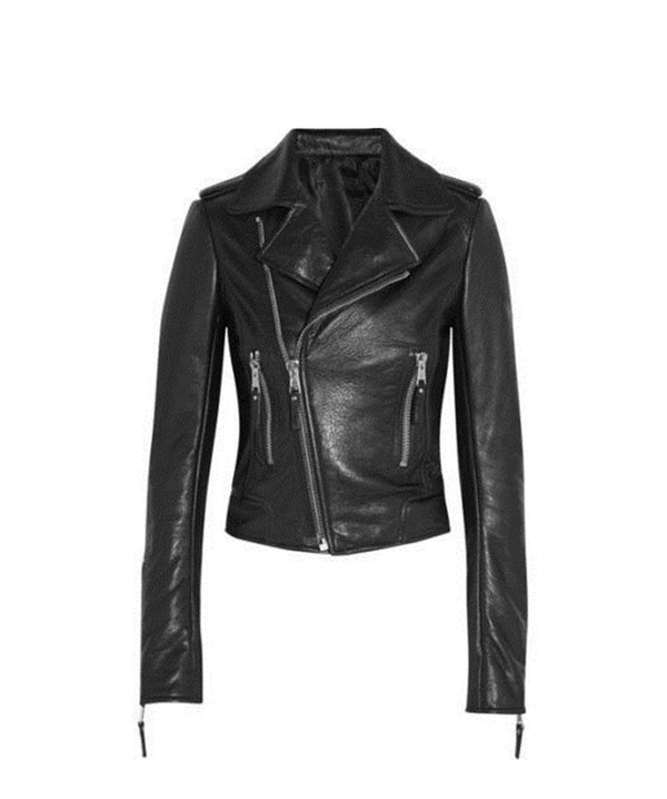 Women Black Biker Genuine Leather Jacket