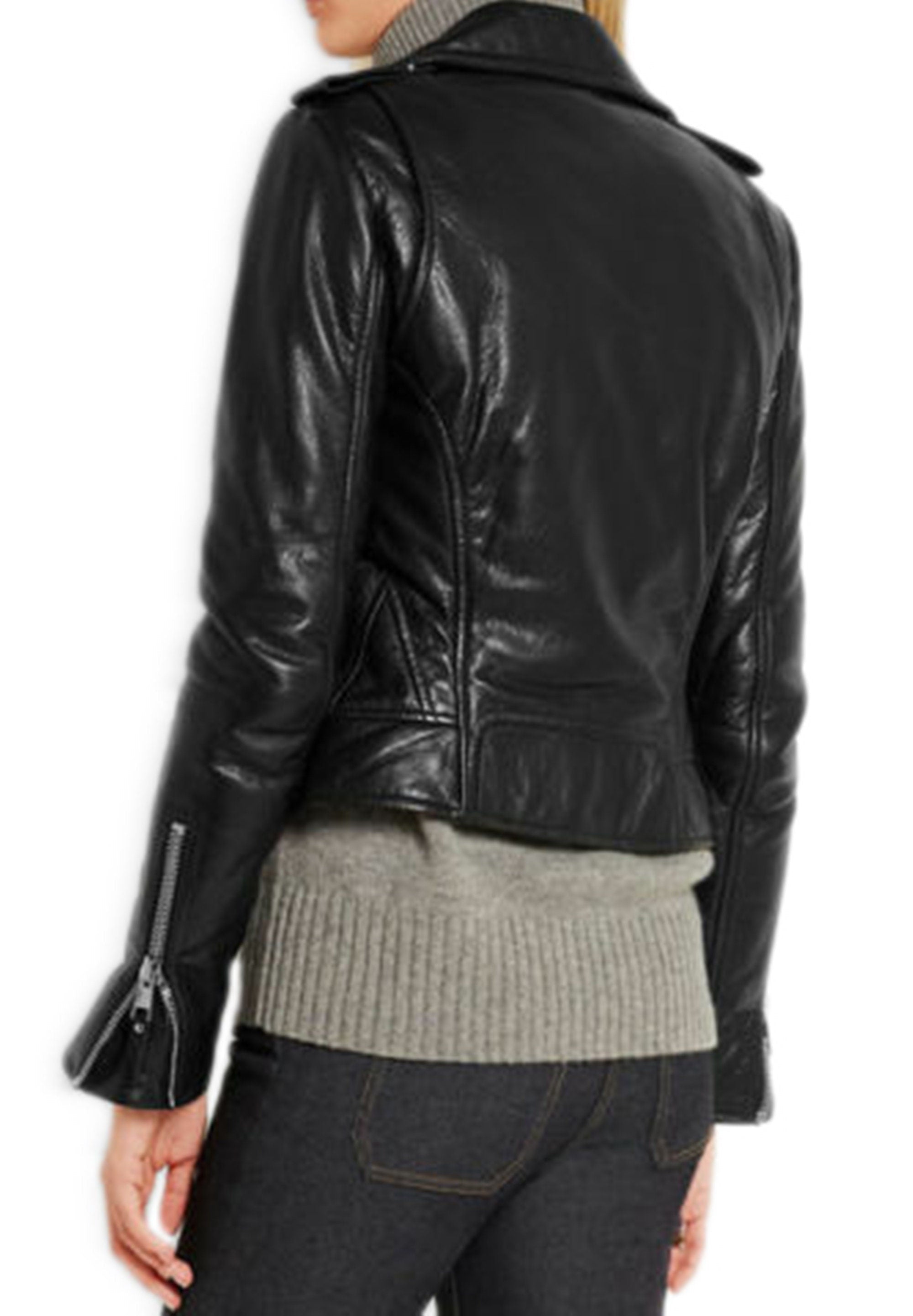 Women Black Biker Genuine Leather Jacket