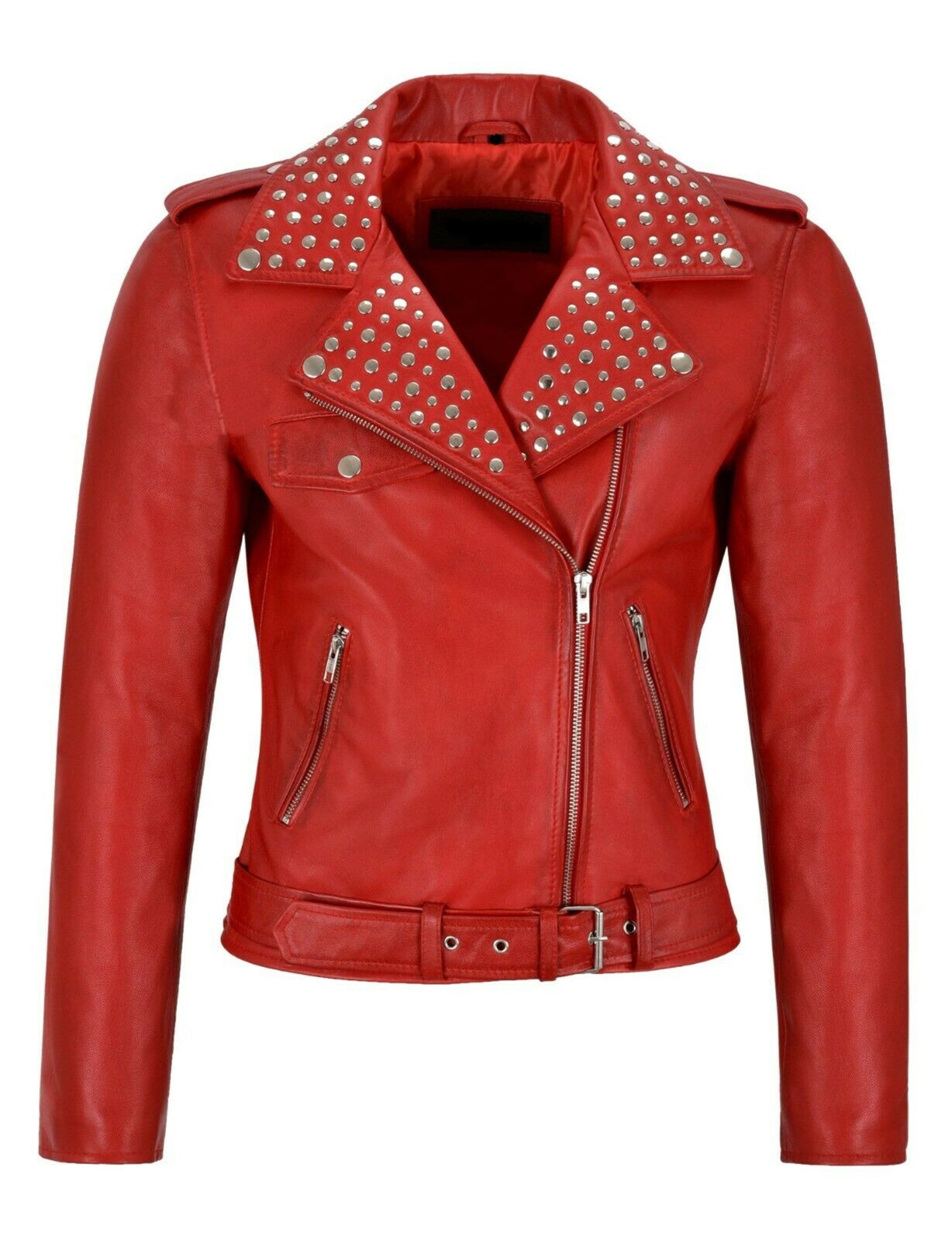 Women Red Rivet Studded Leather Biker Jacket
