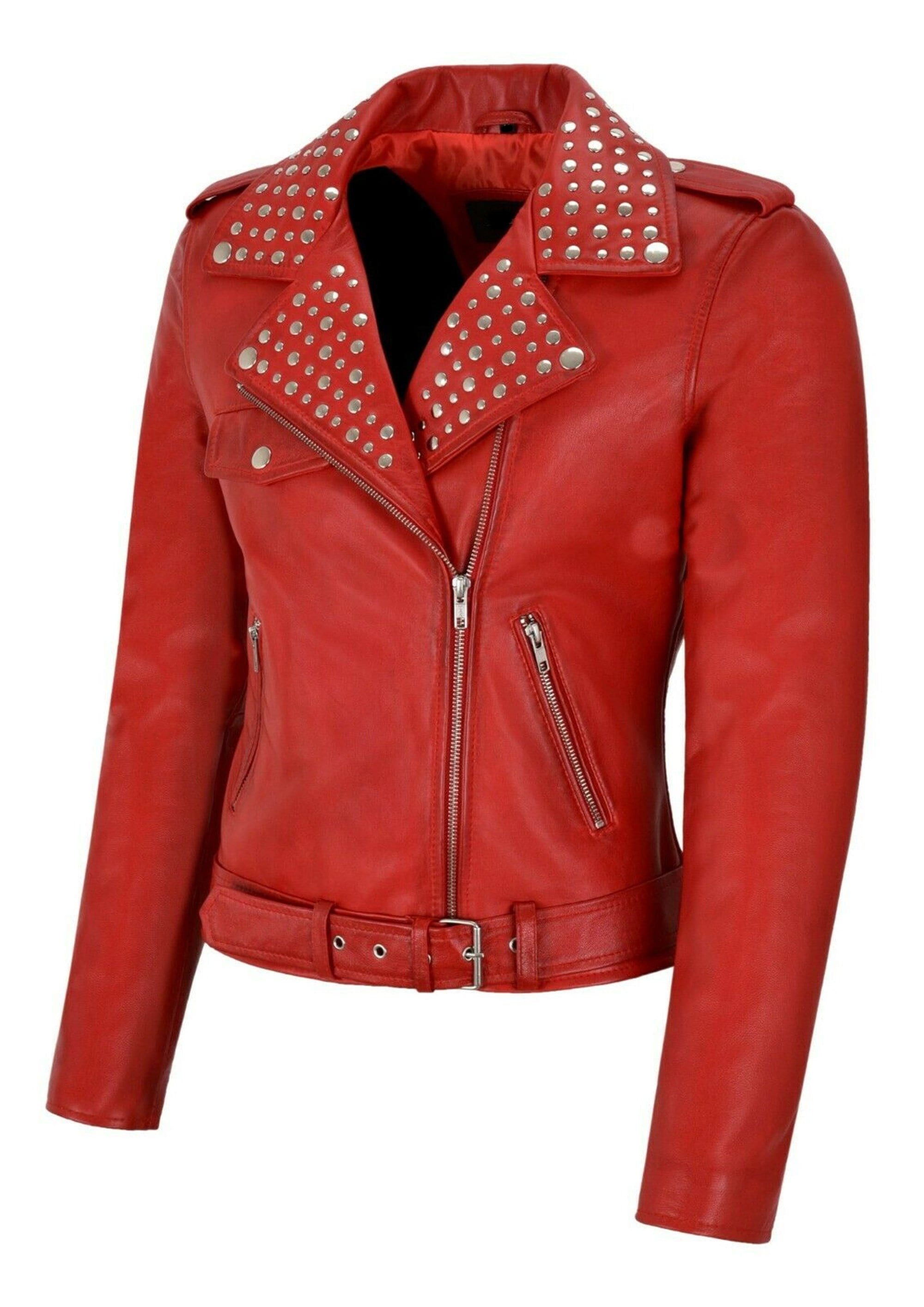 Women Red Rivet Studded Leather Biker Jacket