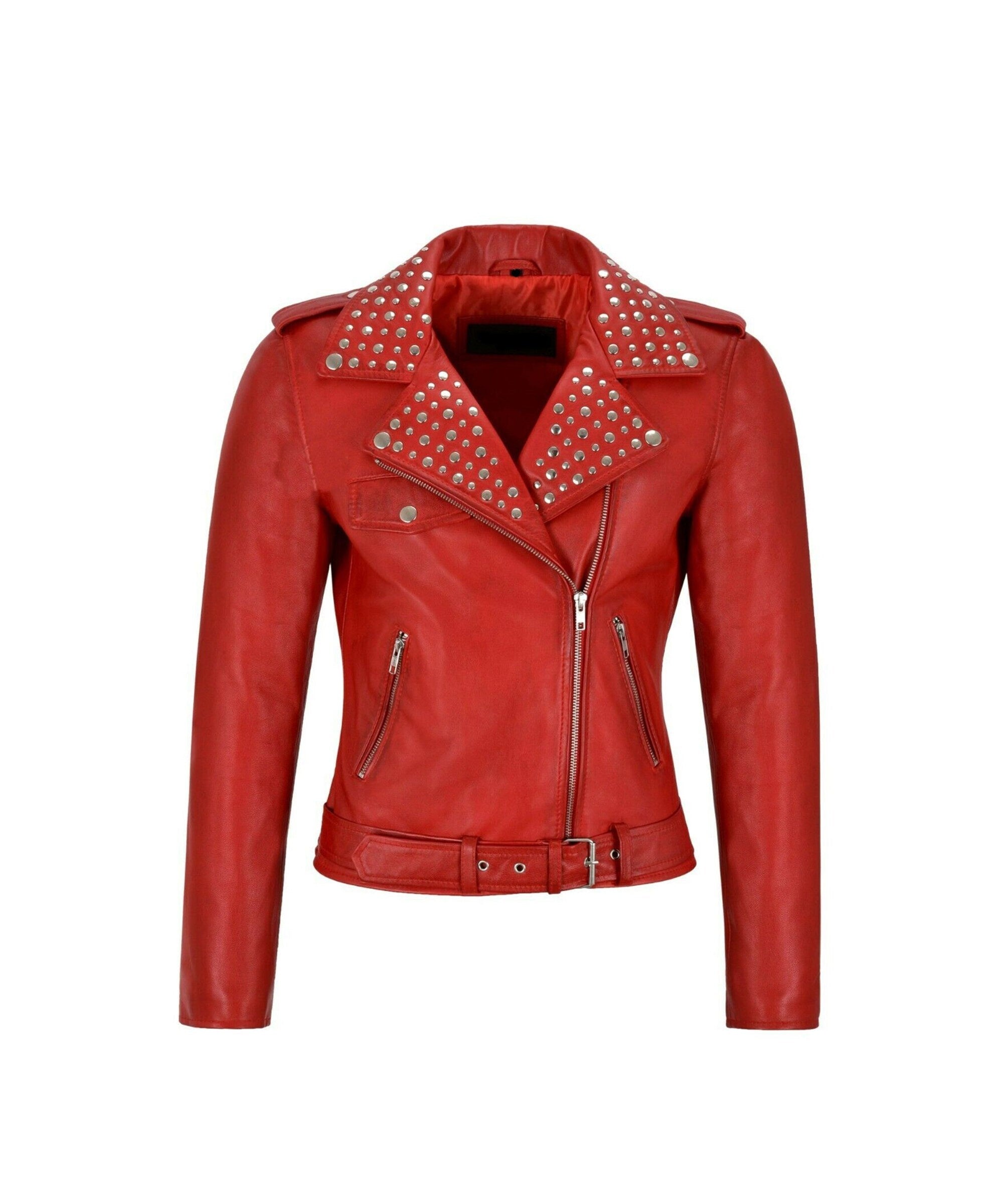 Women Red Rivet Studded Leather Biker Jacket