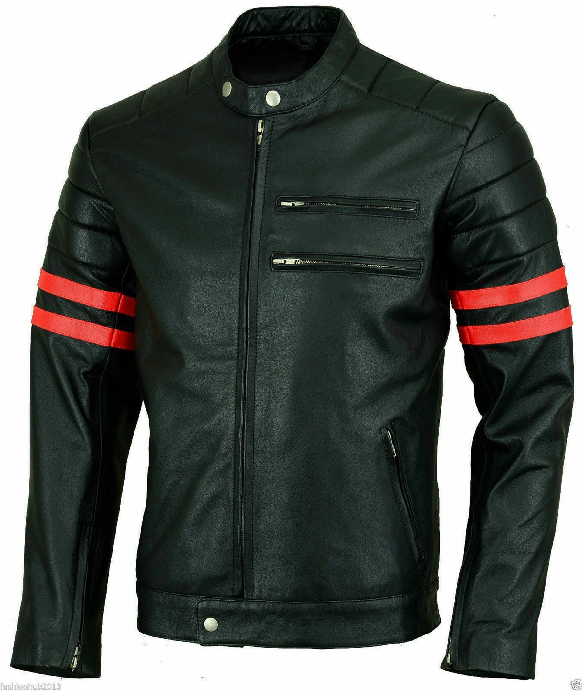 Men Red And Black Stripes Leather Jacket