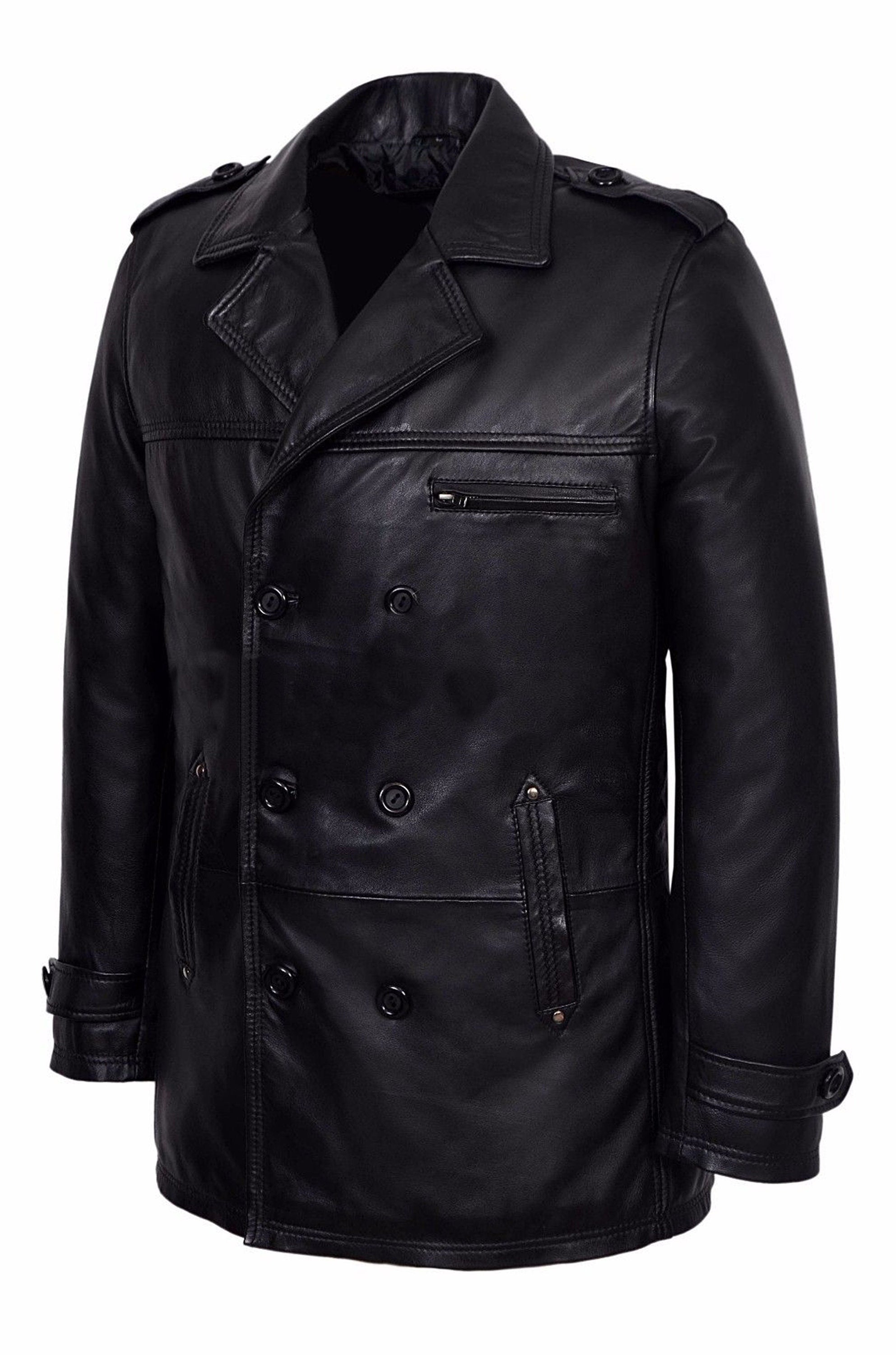 Leather Double Breasted Coat Vintage Leather Coat Black Leather Coat Hip Length Coat Handmade Black Knee Length Coat