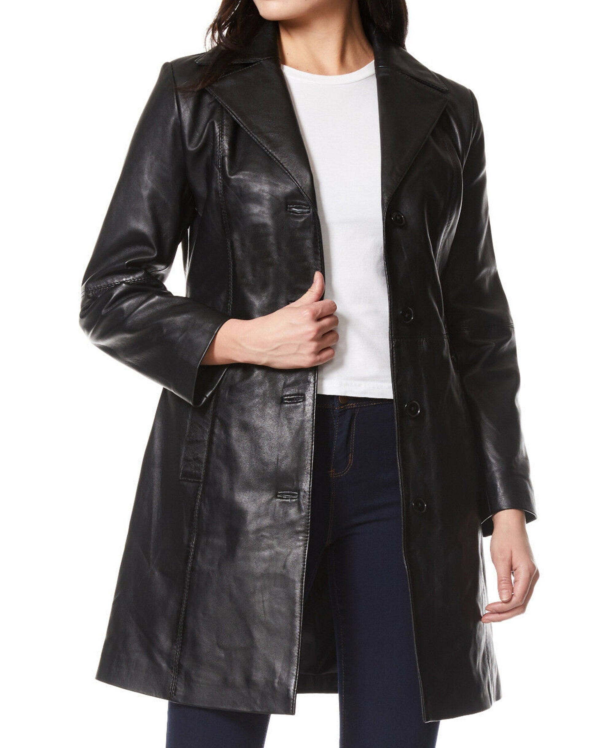 Black Polyester Lining Leather Trench Coat Womens