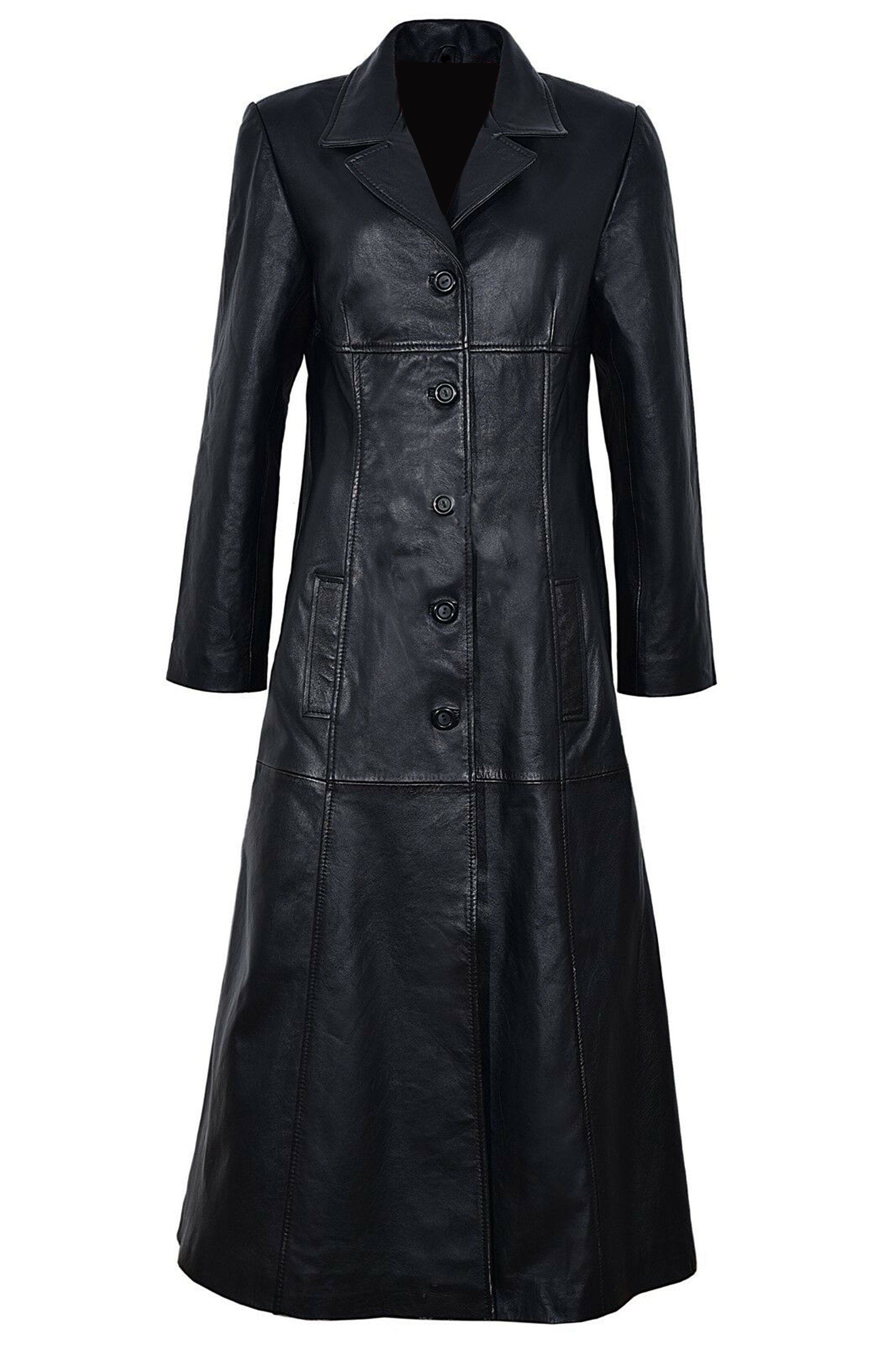 Vintage Black Leather Trench Coat Women