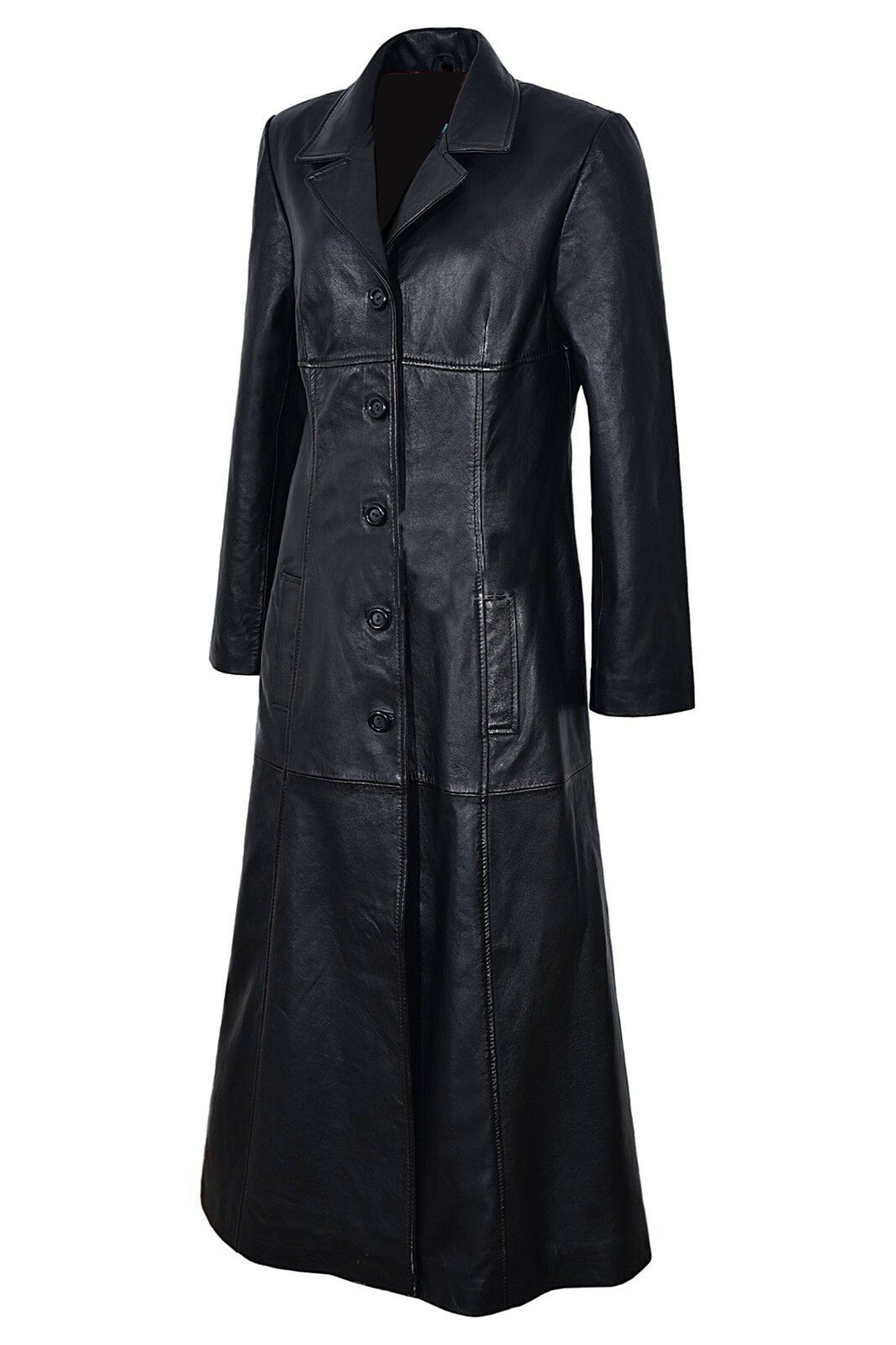 Vintage Black Leather Trench Coat Women