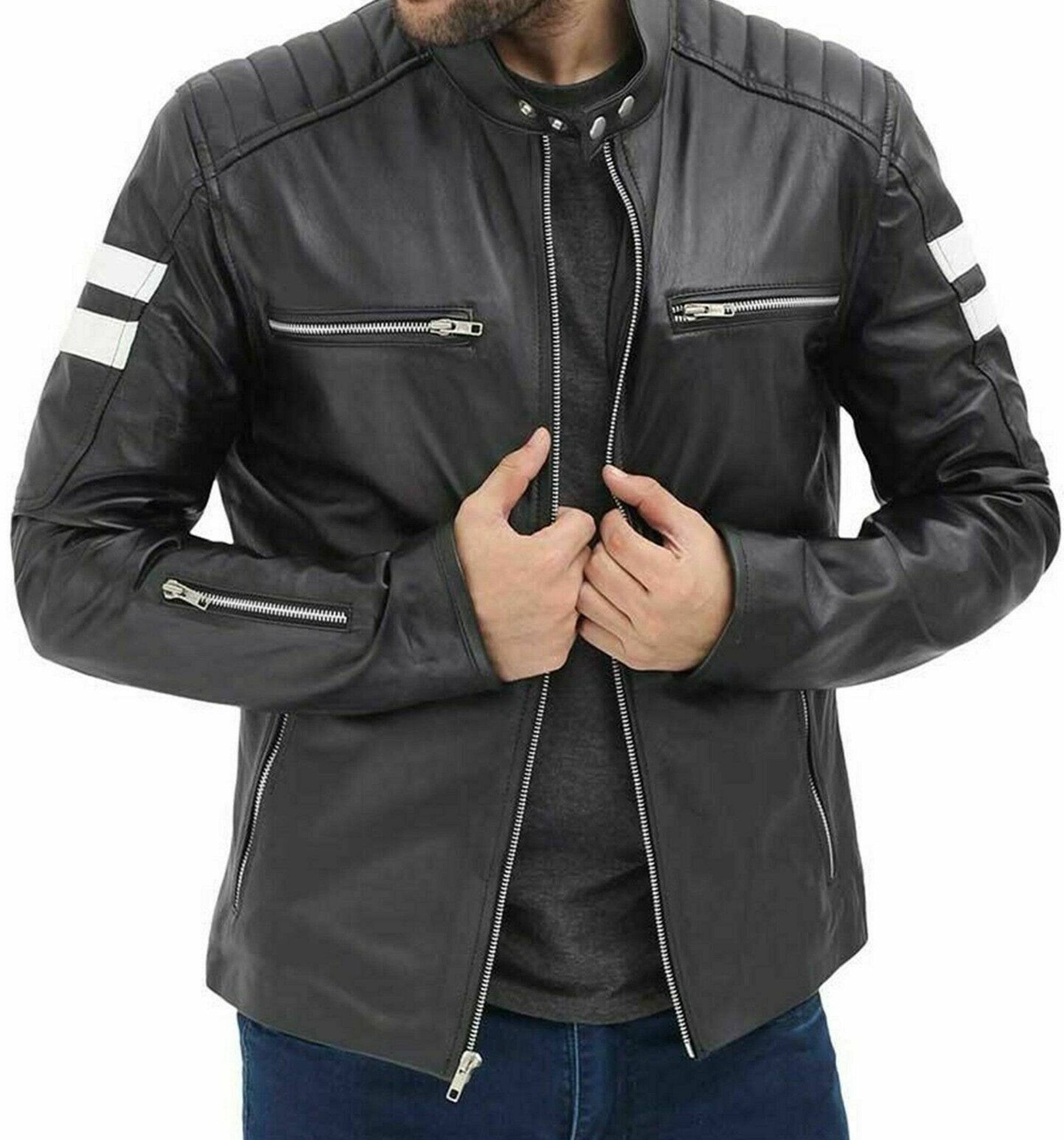 Mens White And Black Stripes Leather Jacket