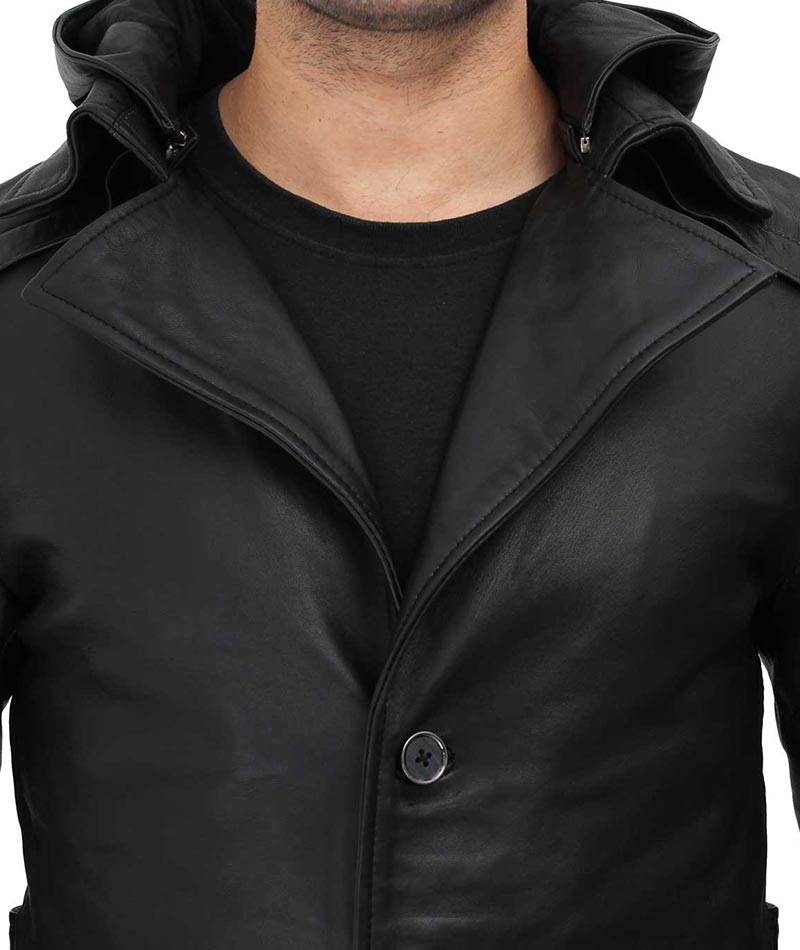 Black Leather Trench Coat Men Hooded Coat