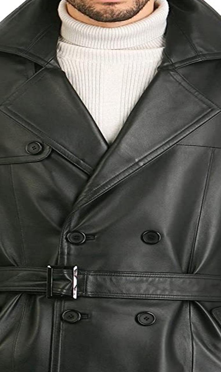 Black Leather Trench Vintage Coat For Men